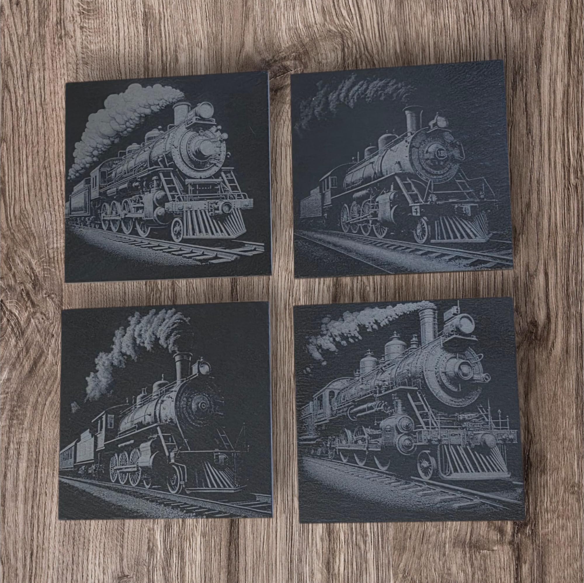 Steam Train Laser Engraved Slate Coasters x 4. Beautiful gift set.