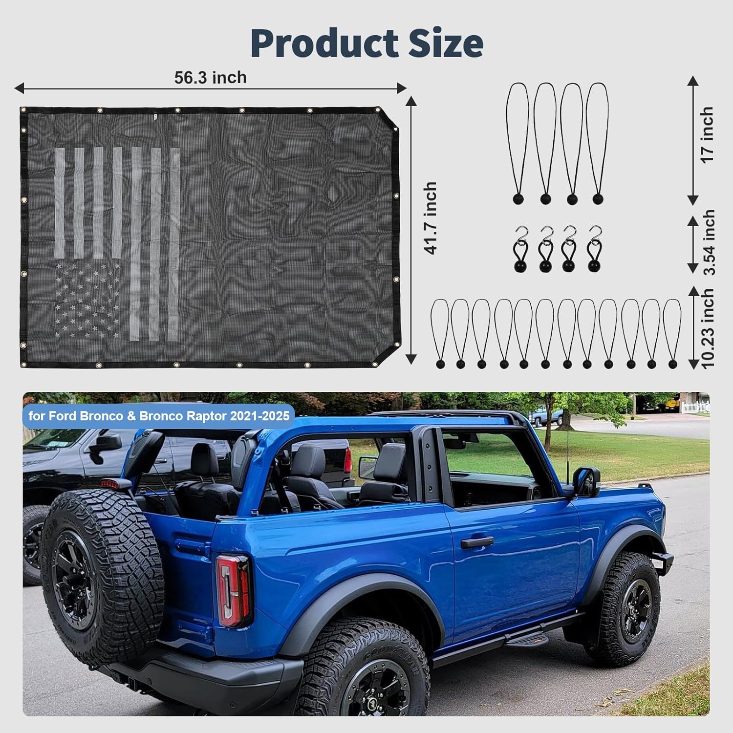Linskip Overhead Protection Sun Shade Compatible with 2/4 Door Ford Bronco & Bronco Raptor 2025-2021, Freedom Screen Sunshade Bikini Top for Bronco Accessories(Black & White)