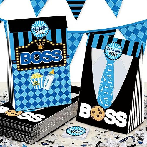BOSS - Bolsas de regalo de fiesta, 24 unidades con 30 calcomanías para niños, color azul, negro, cumpleaños, baby shower, golosinas, bolsas de