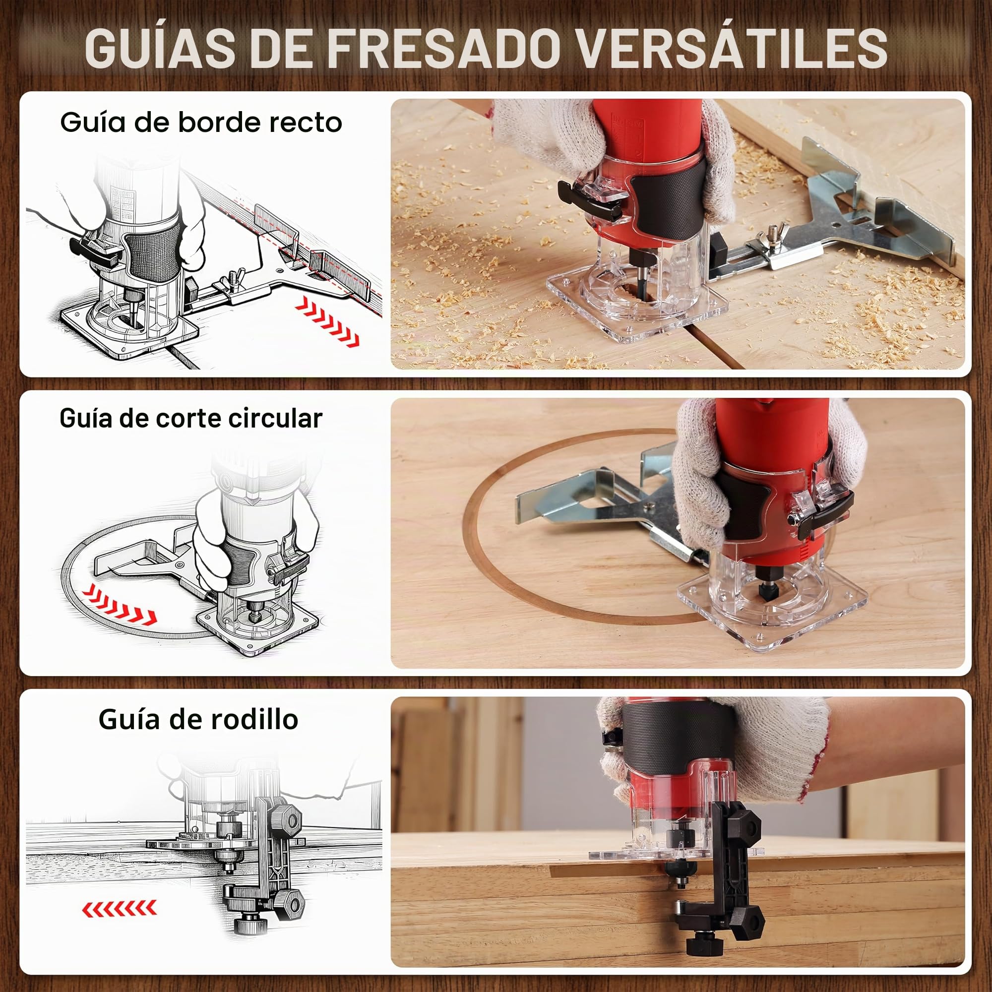 TEENO Fresadora De Madera Rebajadora Eléctrica 800W 31000 RPM CON EXTRACTOR DE POLVO, Fresadora EléCtrica Para Madera Con 15 piezas 1/4'' Alicates, Brocas de base fija de 6/6.35 mm