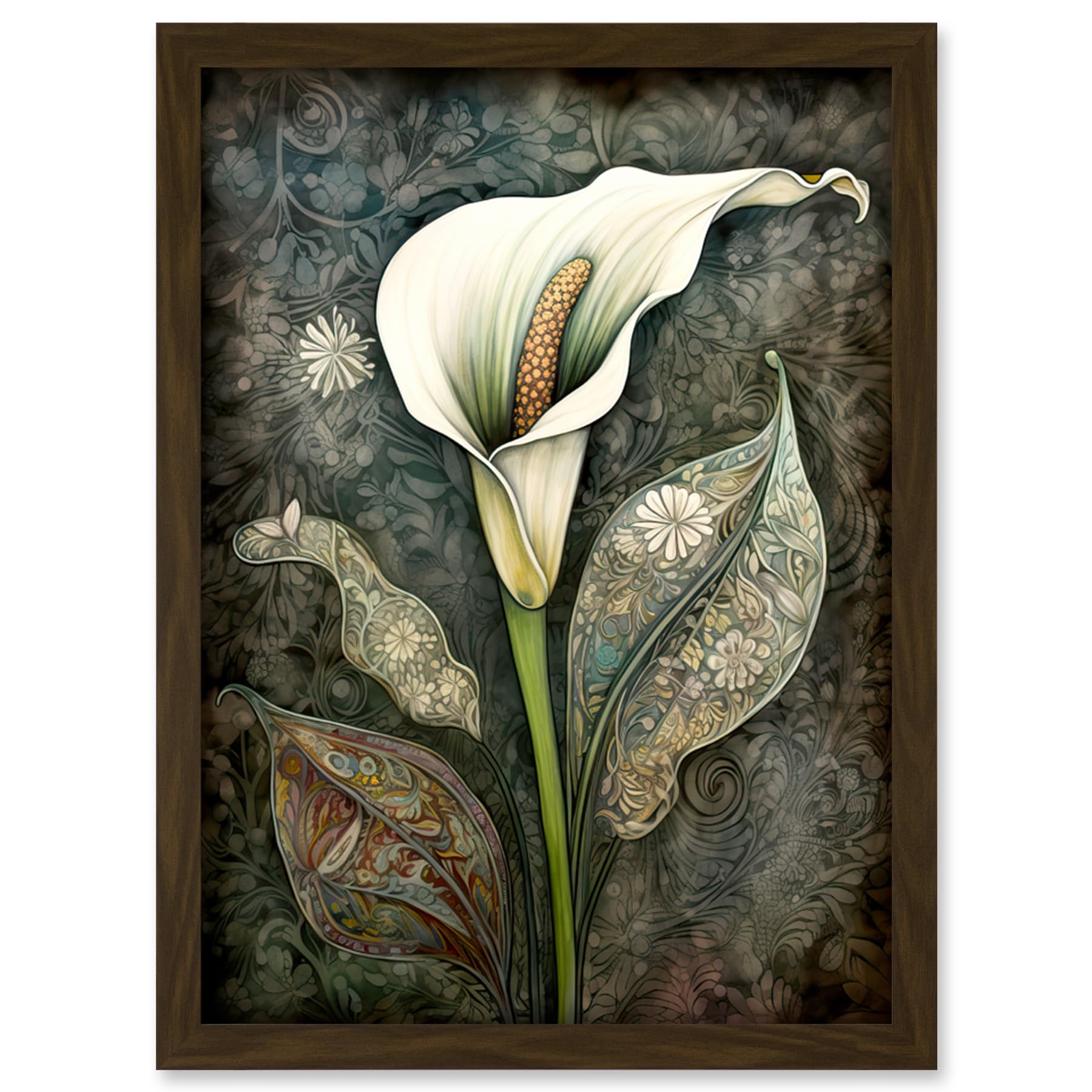 Artery8 Calla Lily Flower Bloom with Batik Style Patterns Artwork Framed Wall Art Print A4