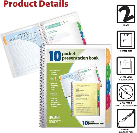 Better Office Products 10 Pocket Poly Presentation Folder with tabs 2 Count