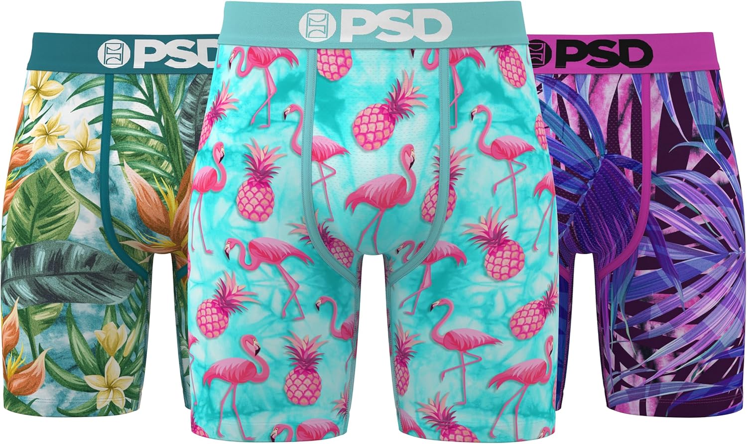 PSD Underwear Mens Boxer Briefs - Tropical Print, Standard Length Packs and Singles, Soft & Breathable Boxer Briefs for Men