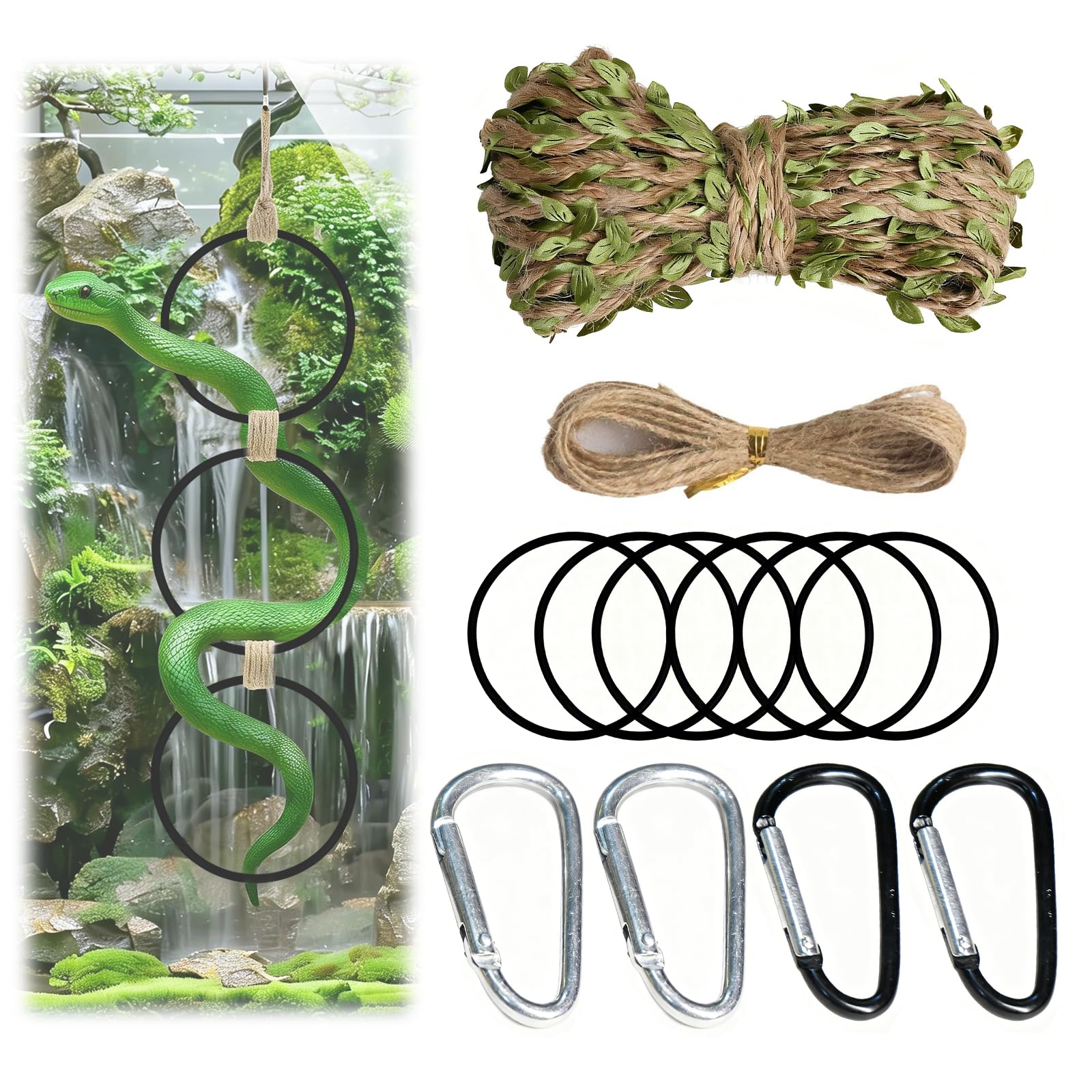 klahh 12Pcs Snake Enrichment Climbing Rings Set – 6 Plastic Climbing Rings, 4 Hooks & 2 Hemp Ropes (5m Each) – DIY Reptile Habitat Decor & Terrarium Accessories for Ball Pythons, Corn Snakes