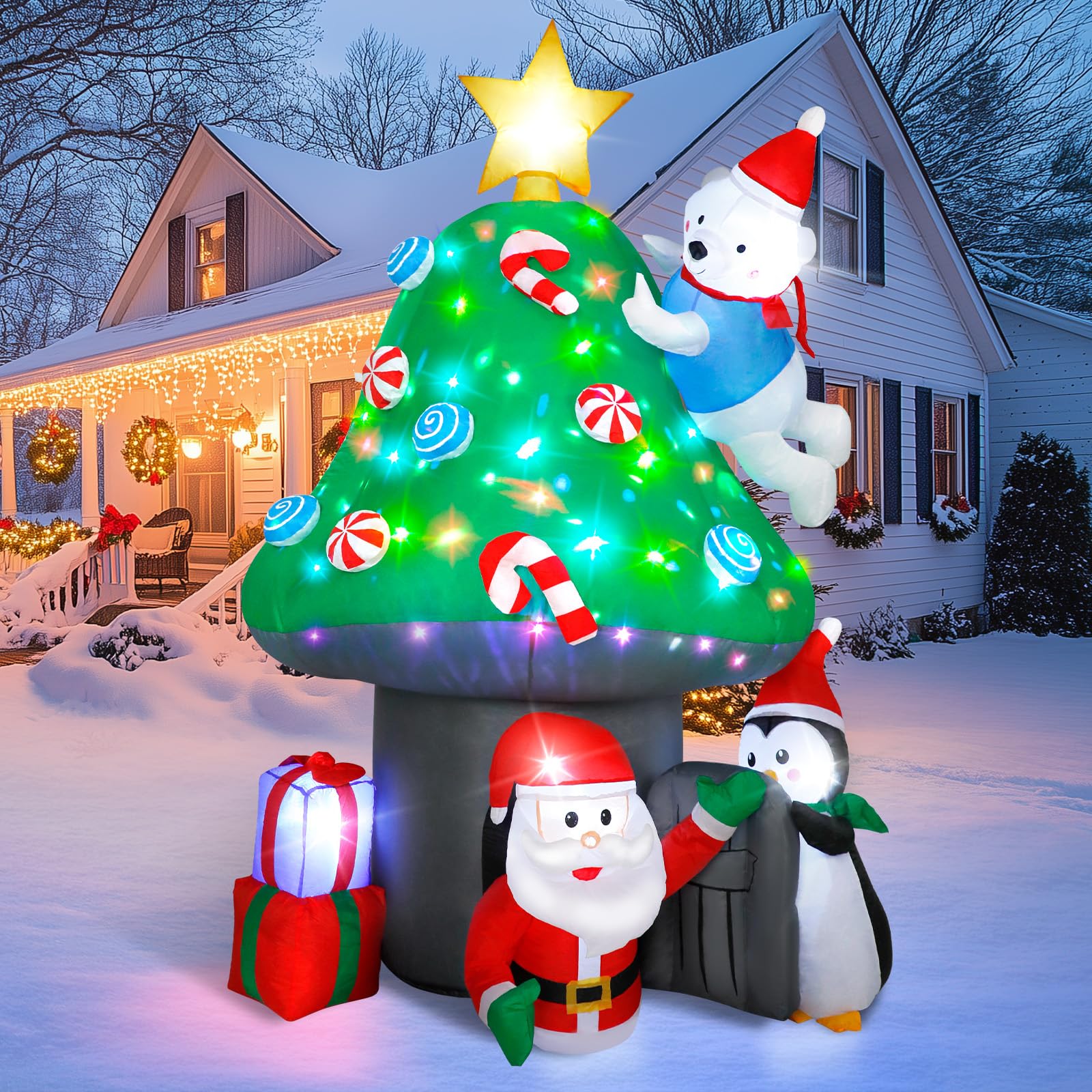 Maison Champignon Gonflable 7 Pieds / 213 cm – Décoration Noël Extérieur avec Père Noël Gonflable, Ours Blanc, Pingouin et LED Rotative, Jardin et Intérieur Maison