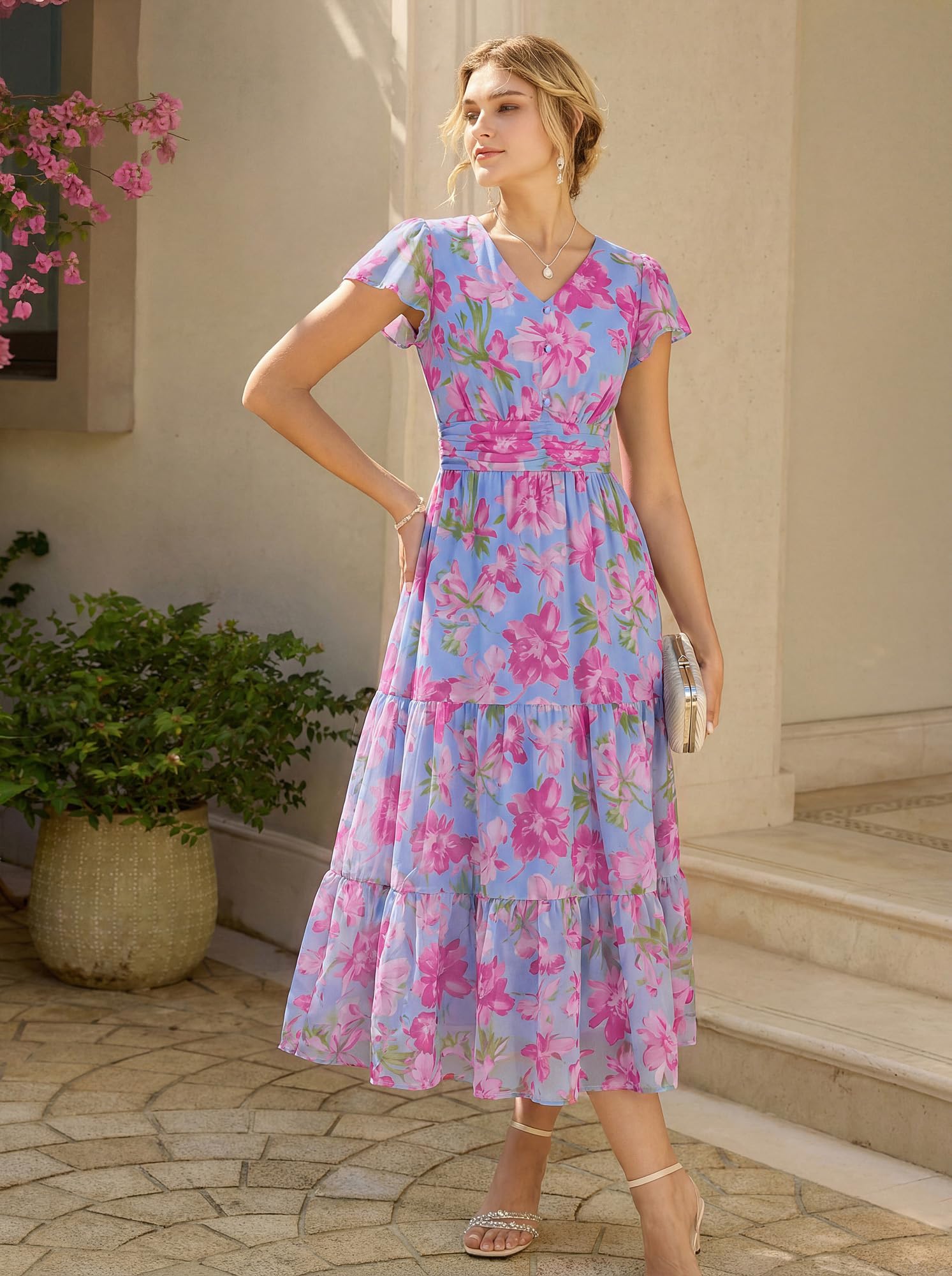 GRACE KARIN Abito estivo da donna con scollo a V, motivo floreale, con tasche, maniche a volant, linea ad A, aderente in vita