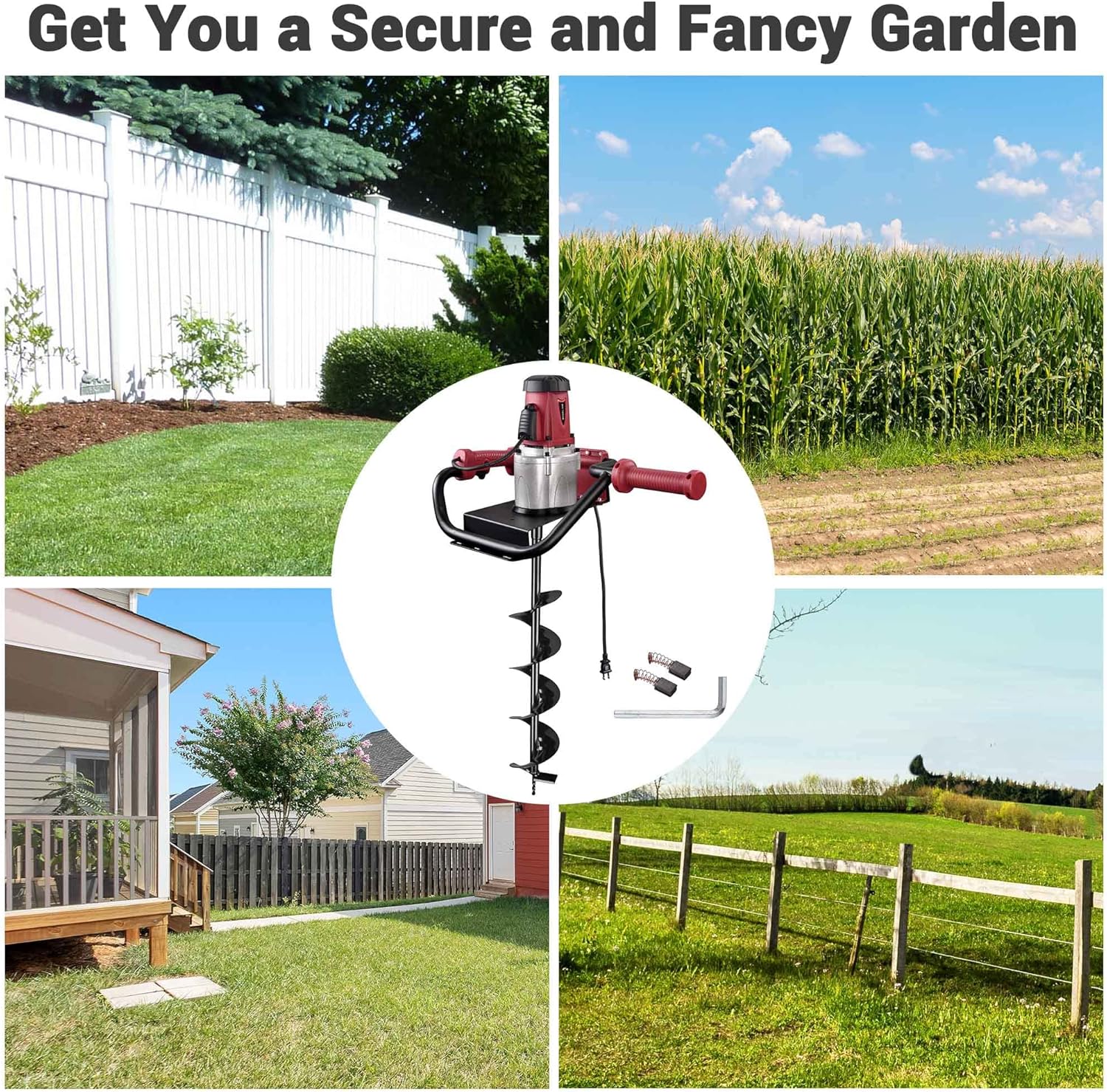 1500W Electric Post Hole Digger Earth Auger Drill, 2HP Powerhead with 6" Auger Bit Perfect for Fence Posts, Decks, Green House, Tree Planting, Seedlings, Landscaping Home Industrial Lawn Applications