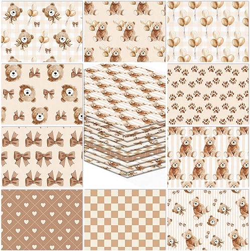 10Pcs Brown Bear Cotton Fabric Bundles Cute Bear Bowknot Balloon Fat Quarters Baby Shower Quilting Patchwork for DIY Sewing Craft Decor, 18 x 22 Inch