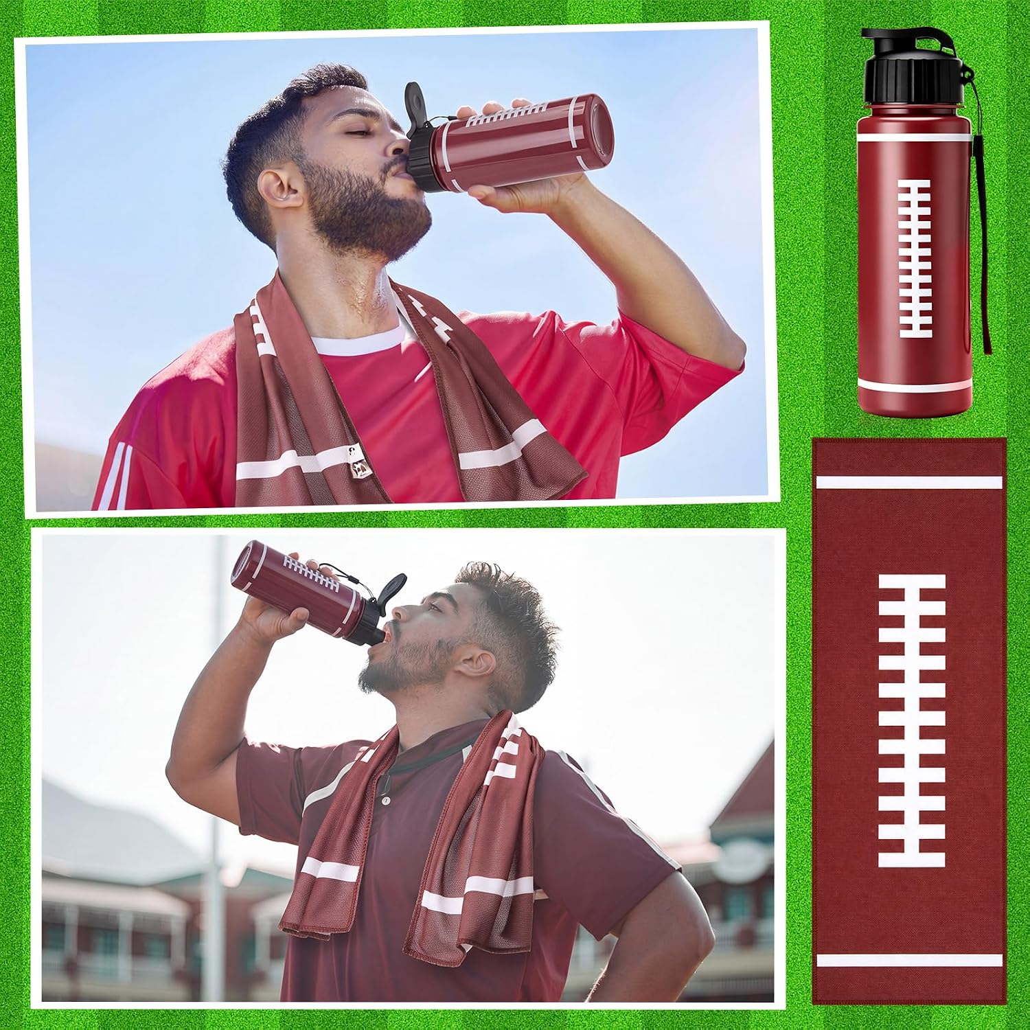 48 Pcs Football Party Favors Team Gifts Bulk Include 18.6 oz Football Water Bottles Sport Drawstring Bag Cooling Towels for Sports Themed Team Gifts Accessories, 16 Sets