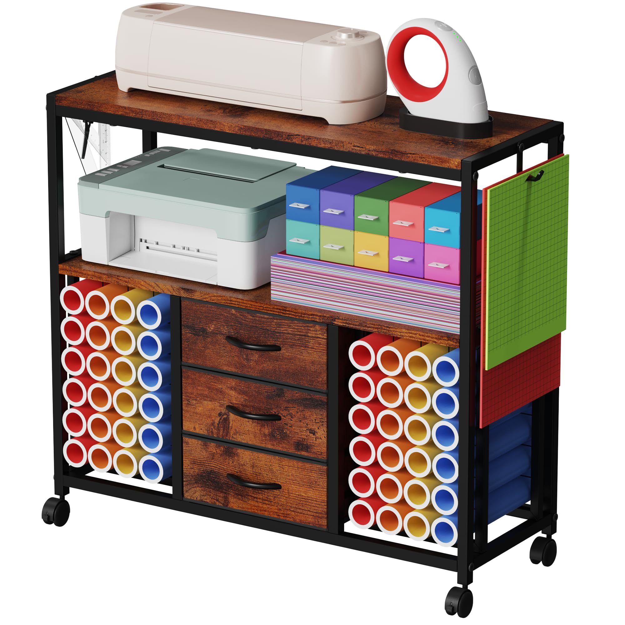 48 Vinyl Roll Holders for Cricut Cart, 32" W Large Craft Cart with 3 Fabric Drawer, Craft Organization and Storage Compatible with Cricut Maker Machine, Crafting Table Workstation, Vintage