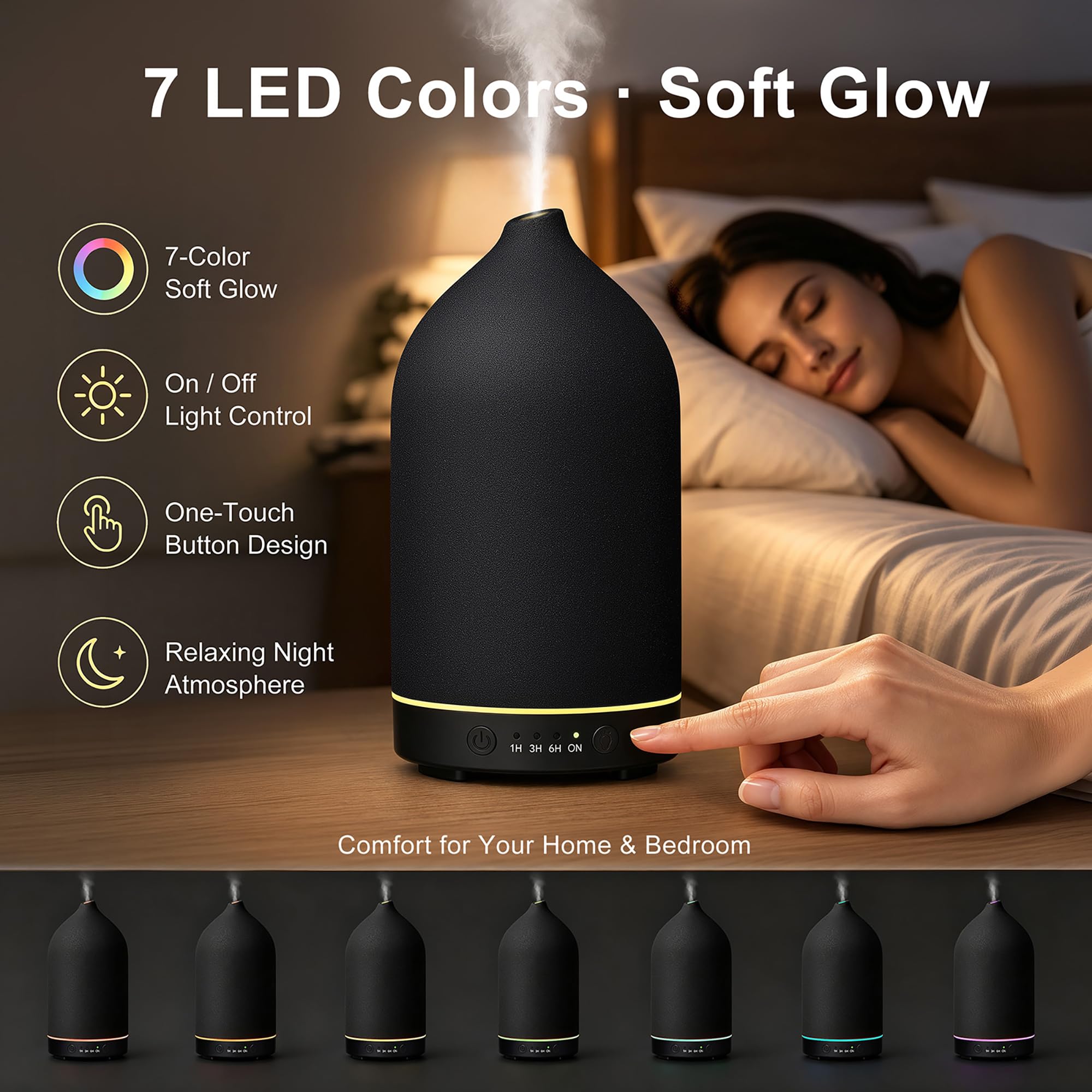 Gooamp Diffuseur en céramique de 200 ml, diffuseur d'aromathérapie, diffuseur d'huiles essentielles avec 7 lumières de couleur, arrêt automatique pour la maison, le bureau, la chambre, noir