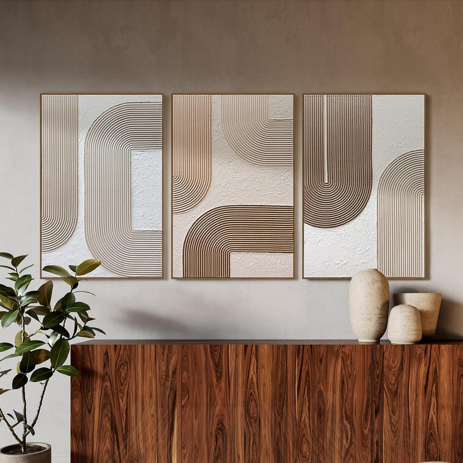 SAFERRYHOME Boho Neutral Textured Wall Art Hand Painted, Minimalist Geometric Wall Decor Framed, Large Modern Earth Tone Artwork Thick Texture Painting for Home, Office, Living Room, 24"x36"x3