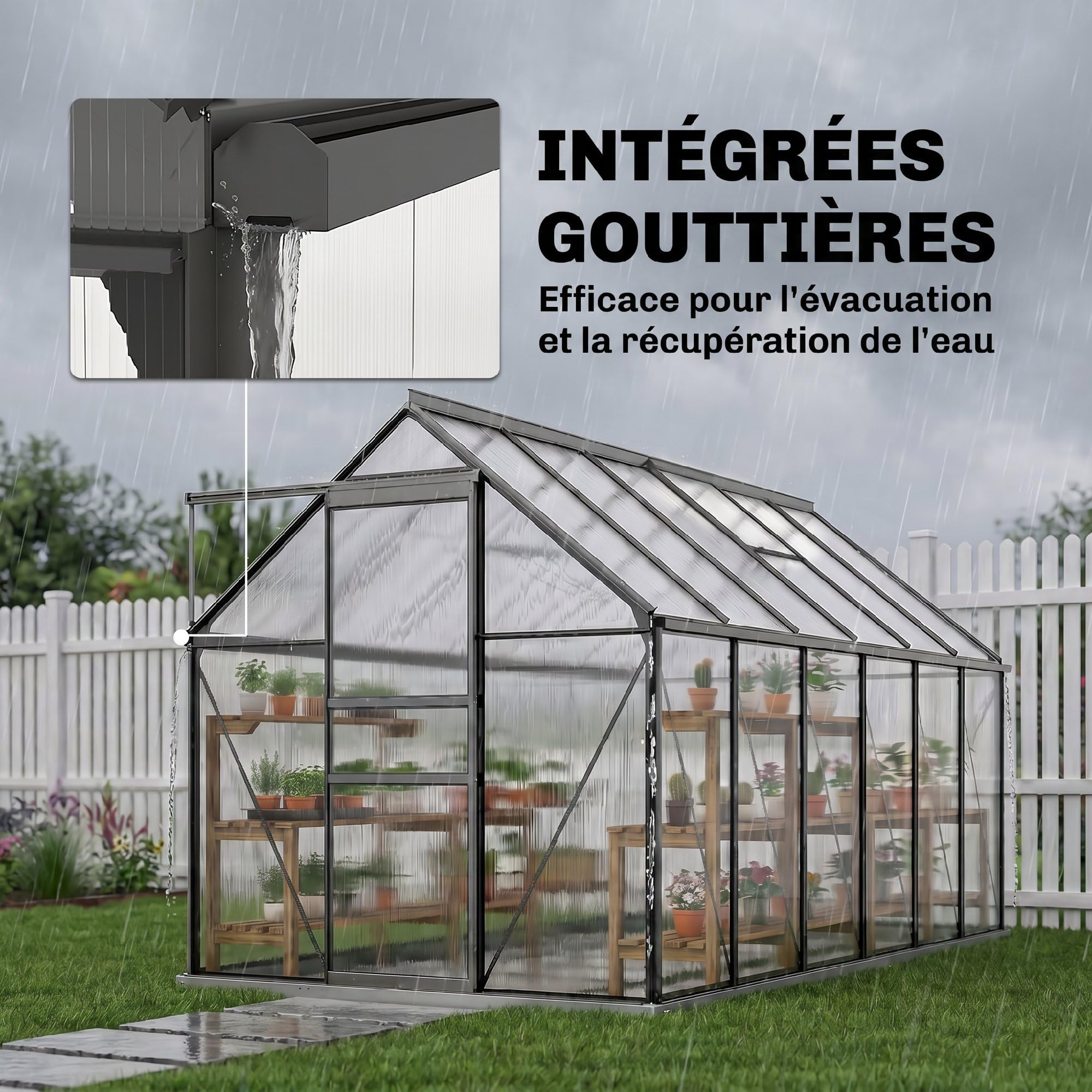 Outsunny Serre de Jardin 7 m² avec Fondation 190 x 375 x 199 cm Gris Foncé | en Aluminium Polycarbonate, Fenêtre Réglable, Porte Coulissante, Abri Extérieur Résistant aux Intempéries