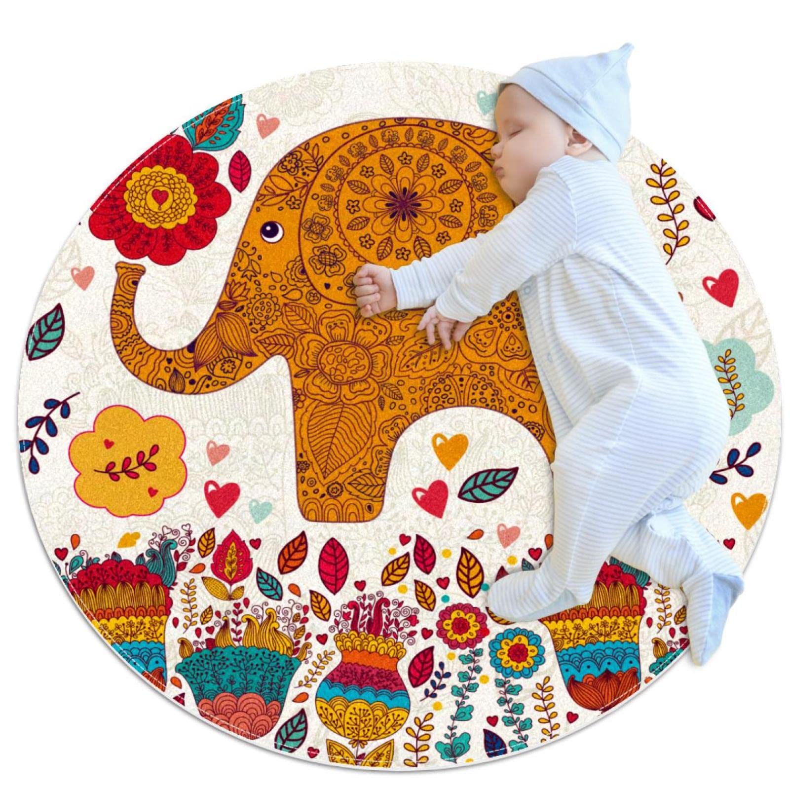 Tapis fleurs d'éléphant JDEZ rond 100cm au motif poétique et coloré
