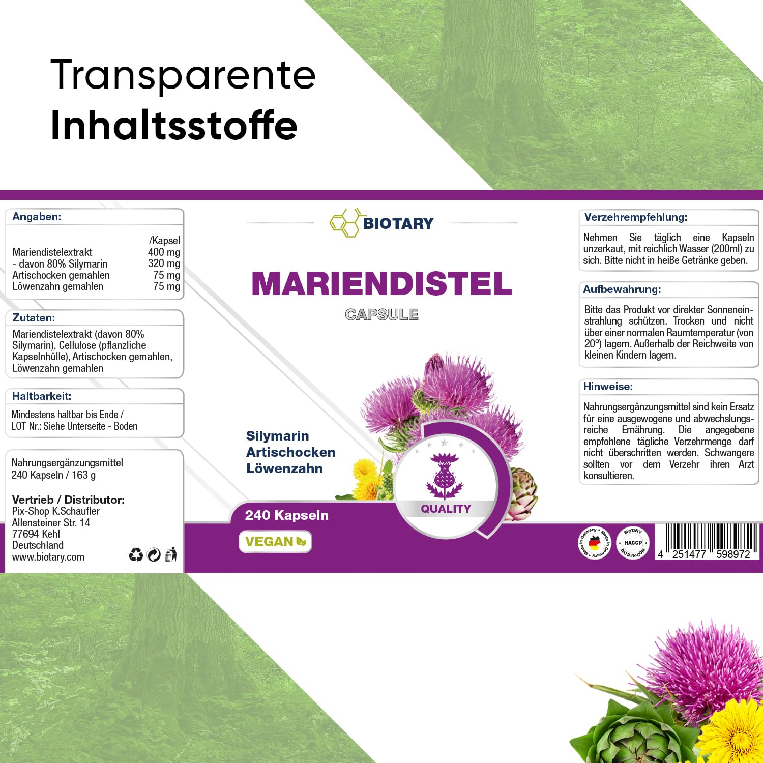 Mariendistel 240 Kapseln mit 80% Silymarin Extrakt Artischocken und Löwenzahn inklusive Pillenbox 8 Monate Vorrat 100% vegan reine Rezeptur geprüfte Qualität