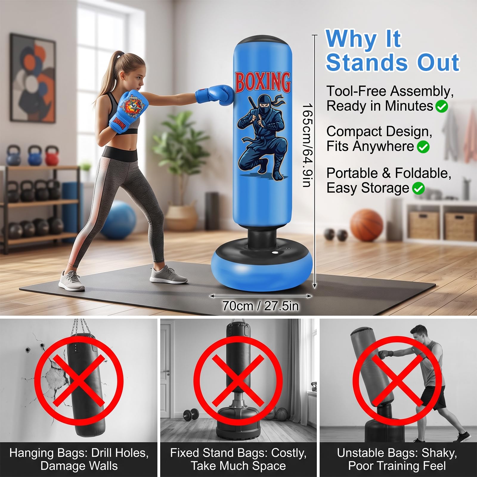 Ninonly Sacco da Boxe 165cm per Bambini Ragazzi con Guanti da Boxe e Pompa | Blu Sacco da Boxe da Terra per Karate MMA Kickboxing Taekwondo Muay Thai, PVC Resistente Punchball per Allenamento a Casa