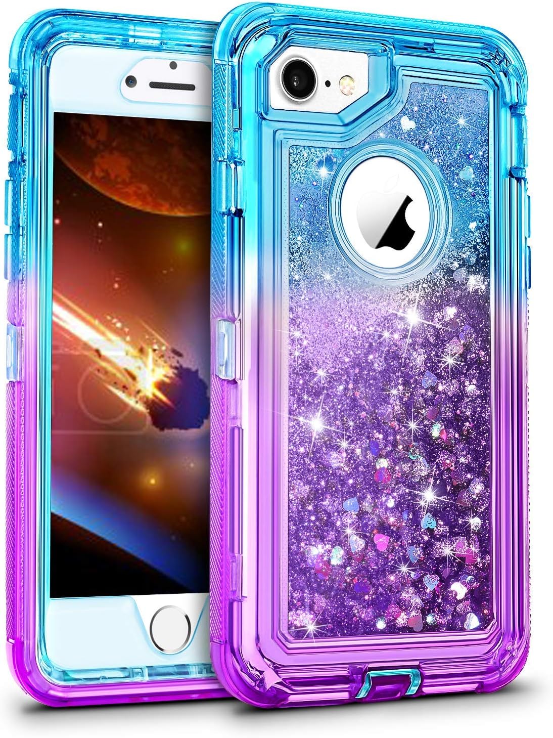 WESADN Case for iPhone 6 Case, iPhone 6s Case for Girls Women Cute Glitter Protective 3D Luxury Bling Sparkle Heavy Duty Full Body Protection Shockproof Gradient Cover for iPhone 6 6s 7 8,Teal Purple