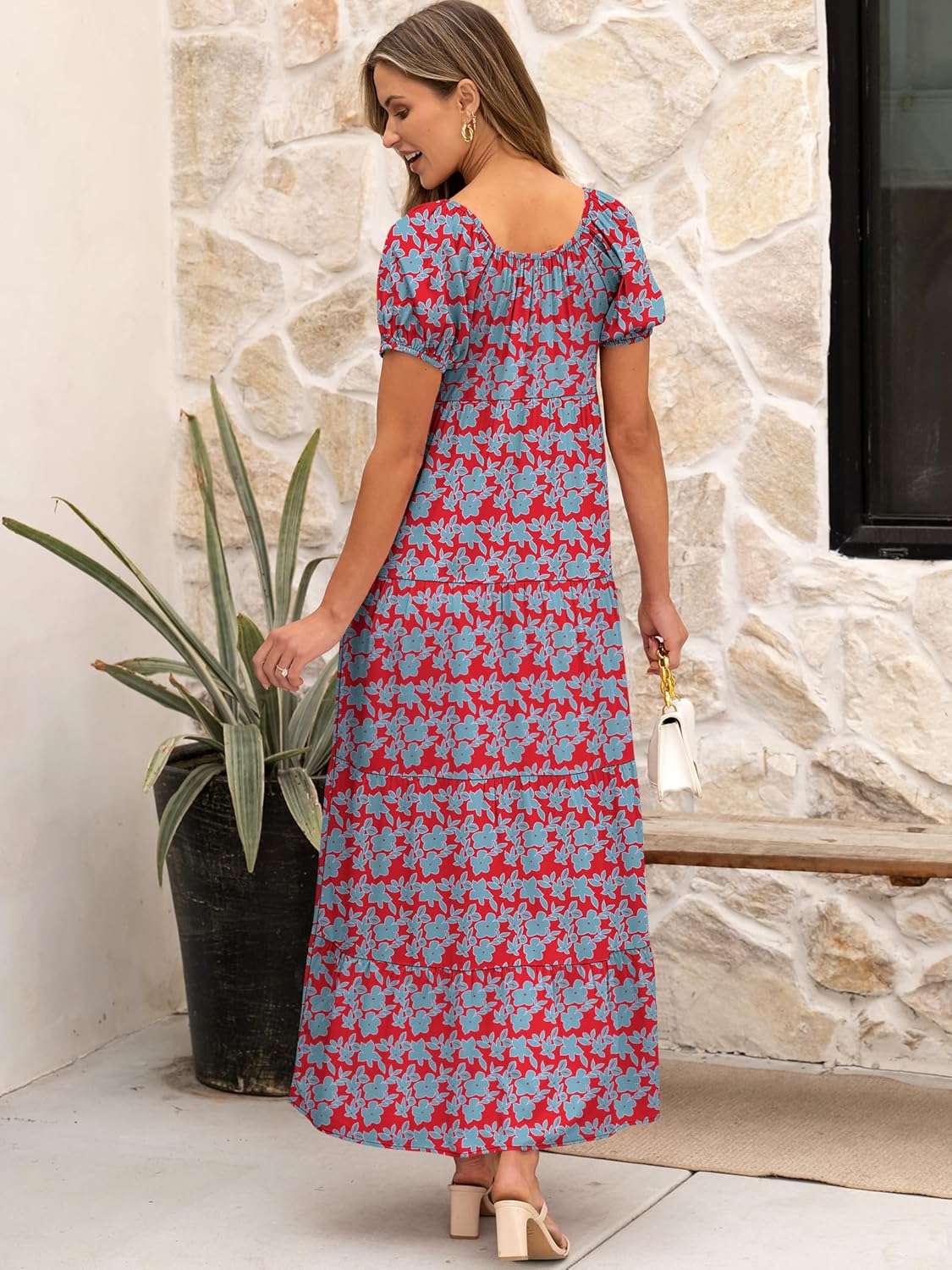 ANRABESS Women's Boho Maxi Dresses 2025 Summer Casual Floral Puff Short Sleeve Tie Front Flowy Swing Tiered Long Beach Dress - Image 4