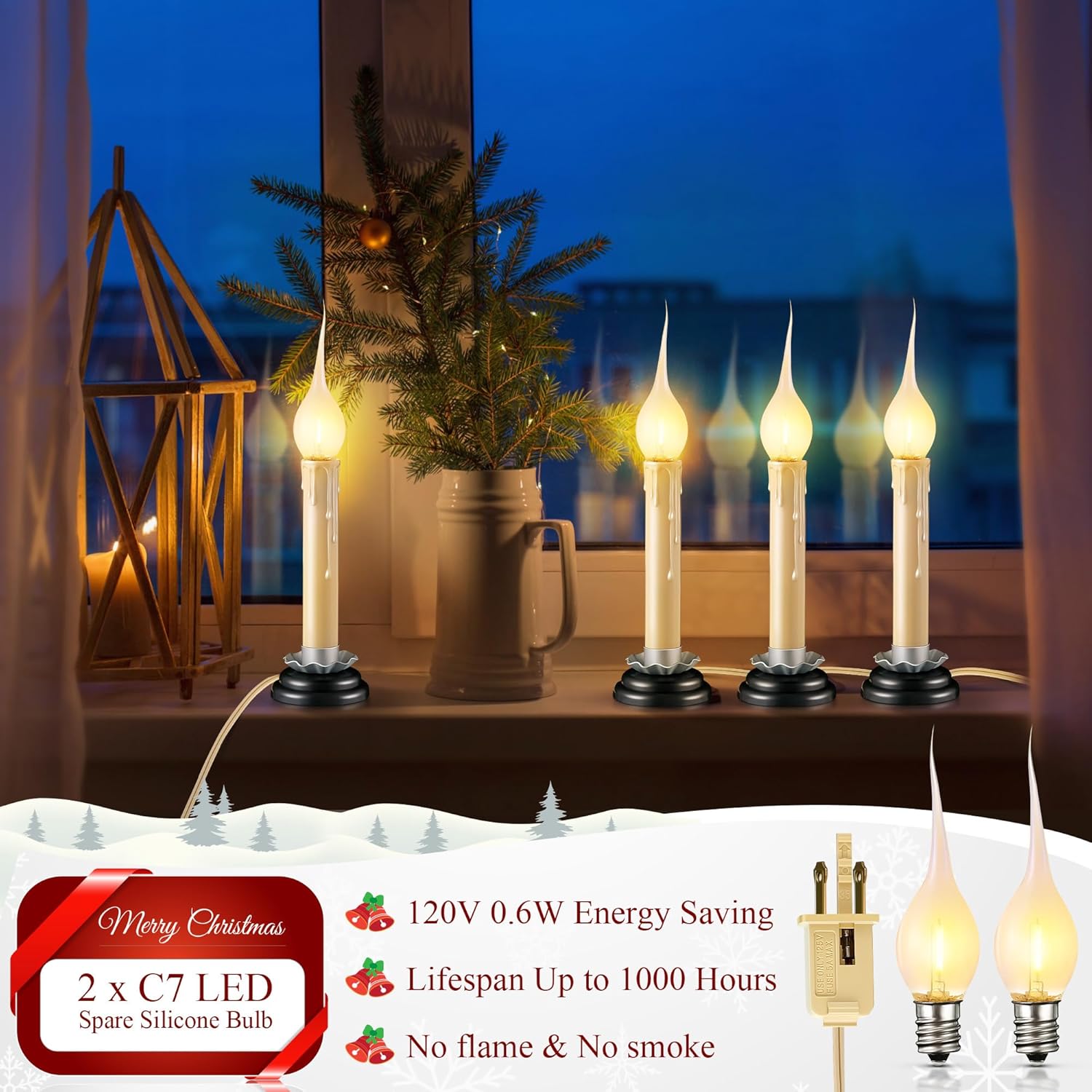Enhon 4 Pack 5 Inch Electric Window Candle Lights, Christmas Electric Rustic Country Plug in Candle Light with LED Silicone Bulb, 0.6W C7 Candlestick Lamp with On/Off Switch, 5Ft Cord