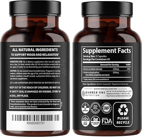 Miniatura 2 de N1N Premium 5-HTP 200 mg más calcio para dormir y apoyar el estado de ánimo, de extracto de semillas de Griffonia, sin OMG y sin gluten, 120 cápsulas