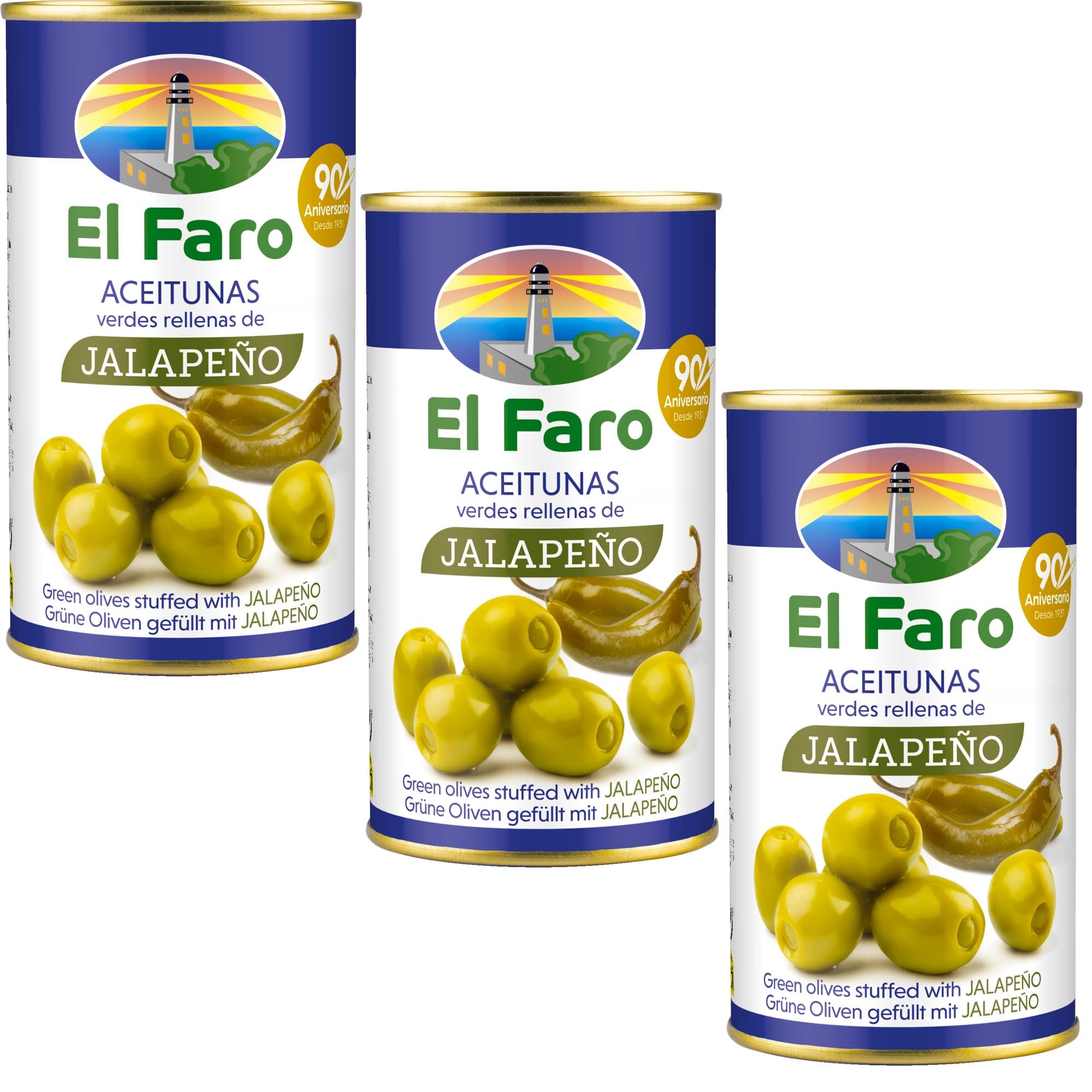El Faro 3 x350g tins (3 x 150 Grams Drained ) Spanish Green Pitted Manzanilla Olives Picante Filled with hot Jalapeño Pepper Snack