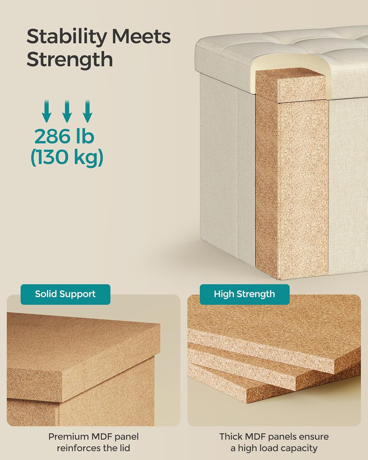 SONGMICS Storage Ottoman, Foldable Small Ottoman Foot Rest, 11.8 Inches Foot Stool, Cube Ottoman with Storage, Load up to 286 lb, for Living Room, Bedroom, Dorm, Cream White ULSF028W01 - Image 4