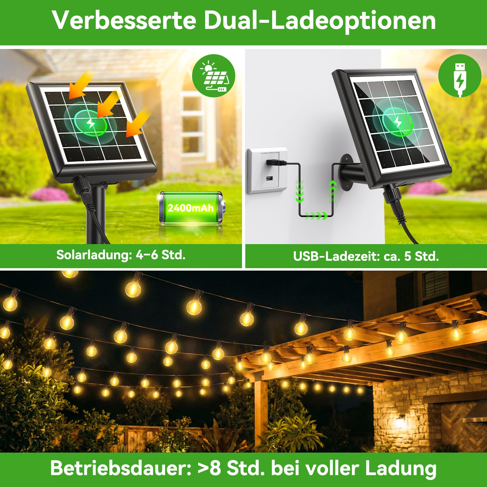 Solares Lichterkette für den Außenbereich, Solar-Lichterkette mit Fernbedienung, dimmbar, für den Außenbereich, Garten, G40, für Balkon, Terrasse, Hochzeit, Party (Solar-30M)