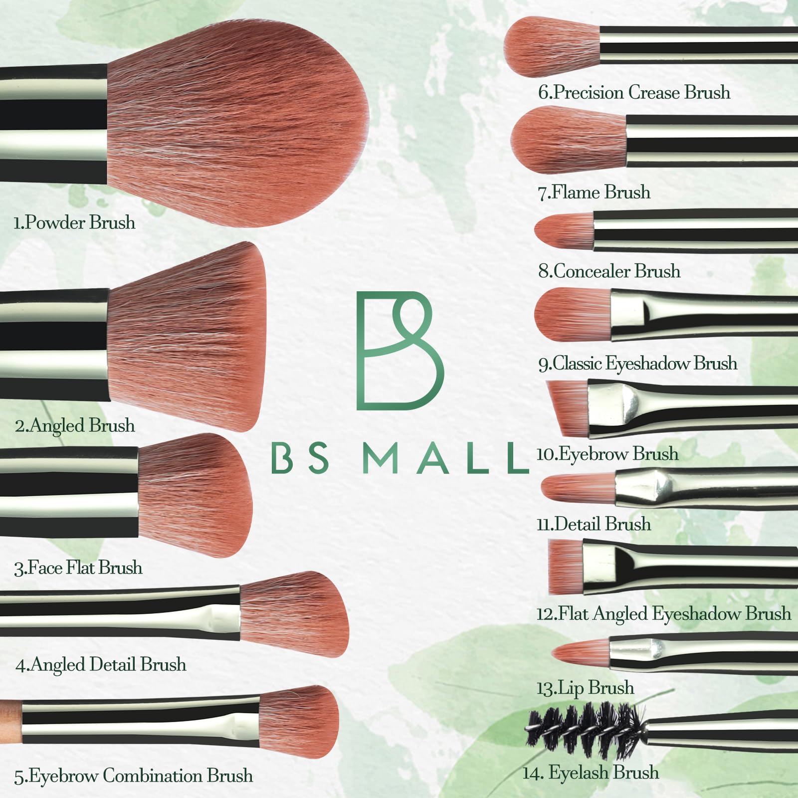 BS-MALL Lot de 14 pinceaux de maquillage de voyage pour fond de teint, poudre, anti-cernes, ombre à paupières, avec miroir lumineux LED, vert