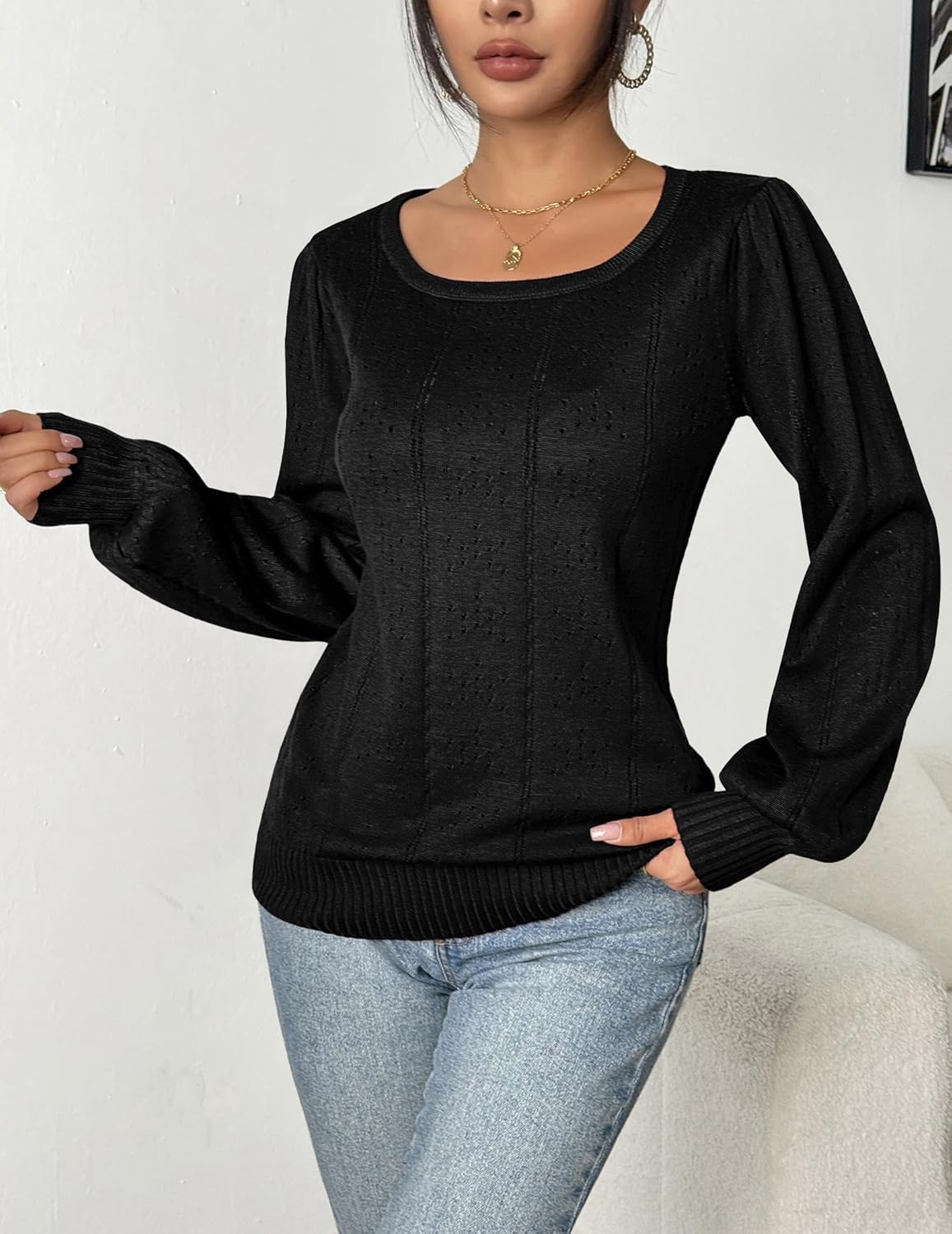 Hotouch Sweaters for Women 2026 Fall Trendy Tops Casual Puff Sleeve Square Neck Cute Tunic Pullover Blouses XS-XXL - Image 4