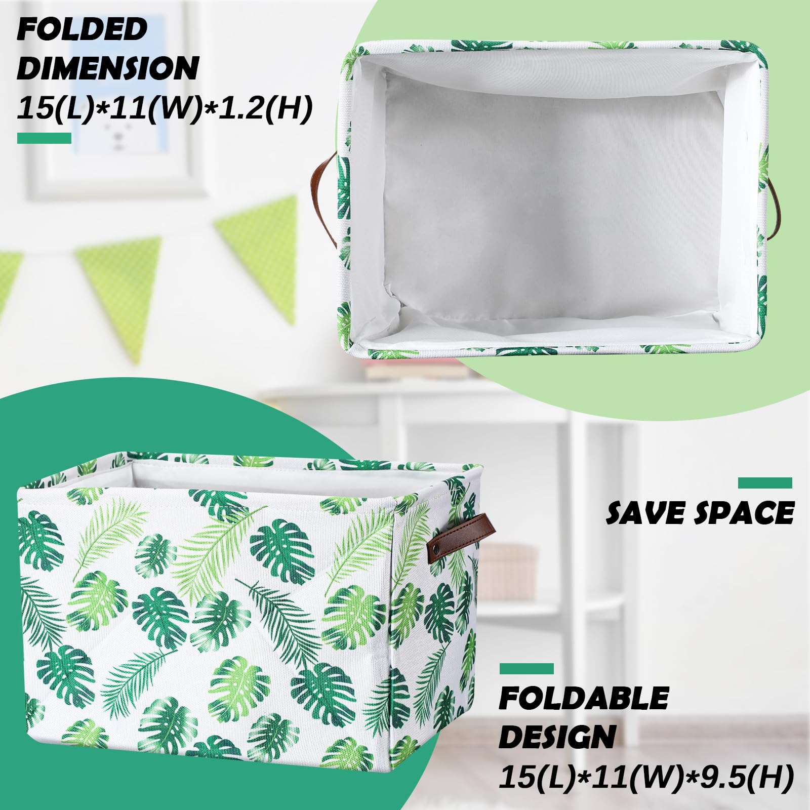 Maxcheck 3 Pcs Summer Rectangle Storage Basket with Handles Cute Canvas Organizer Bin Flamingo Pineapple Leaves Collapsible Storage Box Gift Basket for Nursery Kids Room Closet, 15 x 11 x 9.5 Inch