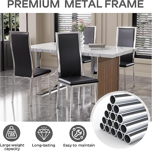 Miniatura 6 de Juego de 4 sillas de comedor modernas, piel sintética negra con patas de metal plateado cromado, diseño curvado de respaldo alto y amortiguación de