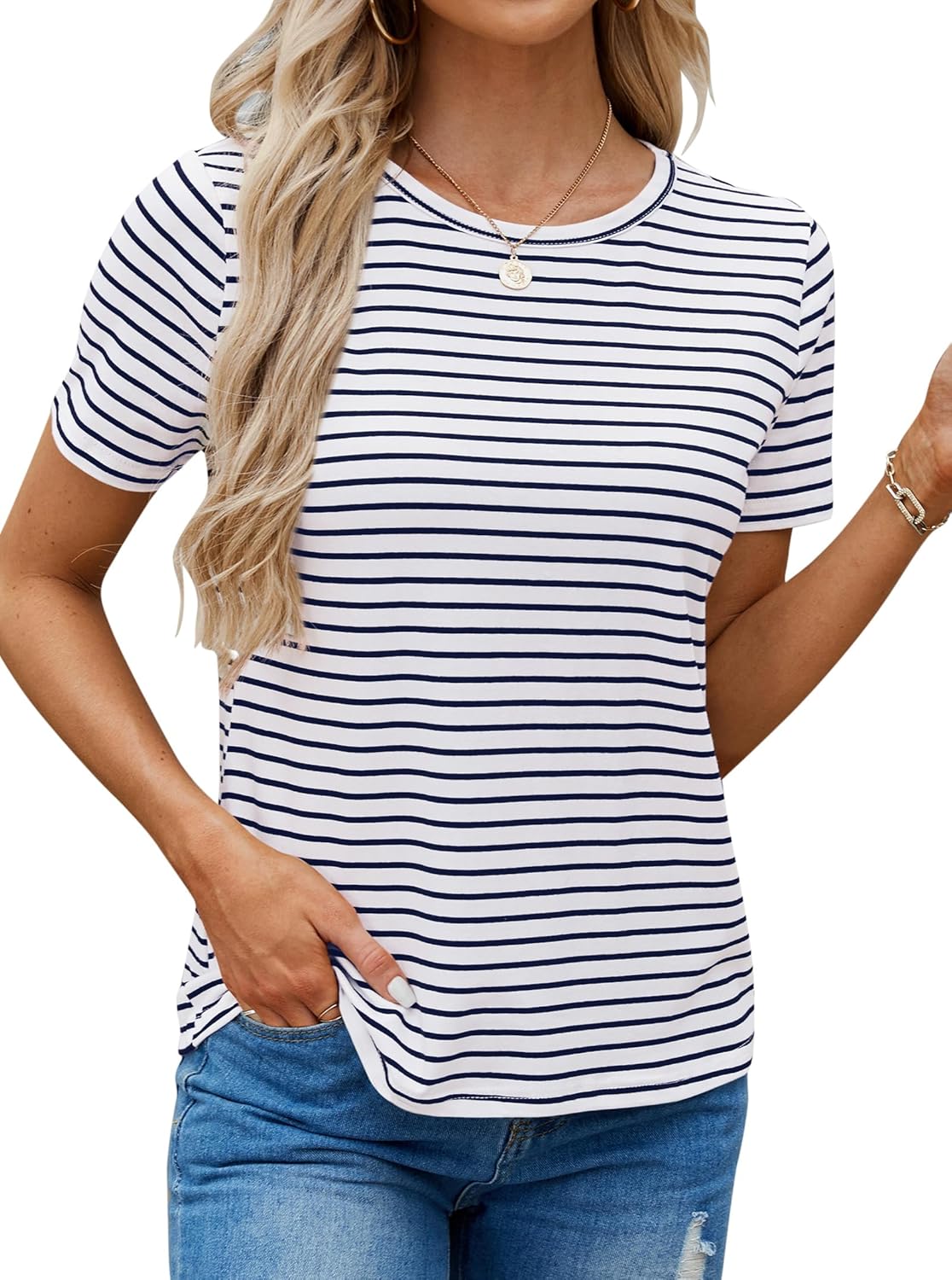 LilyCoco Women's Short Sleeve Striped Shirt Summer Crewneck T Shirt Basic Tops - Image 3