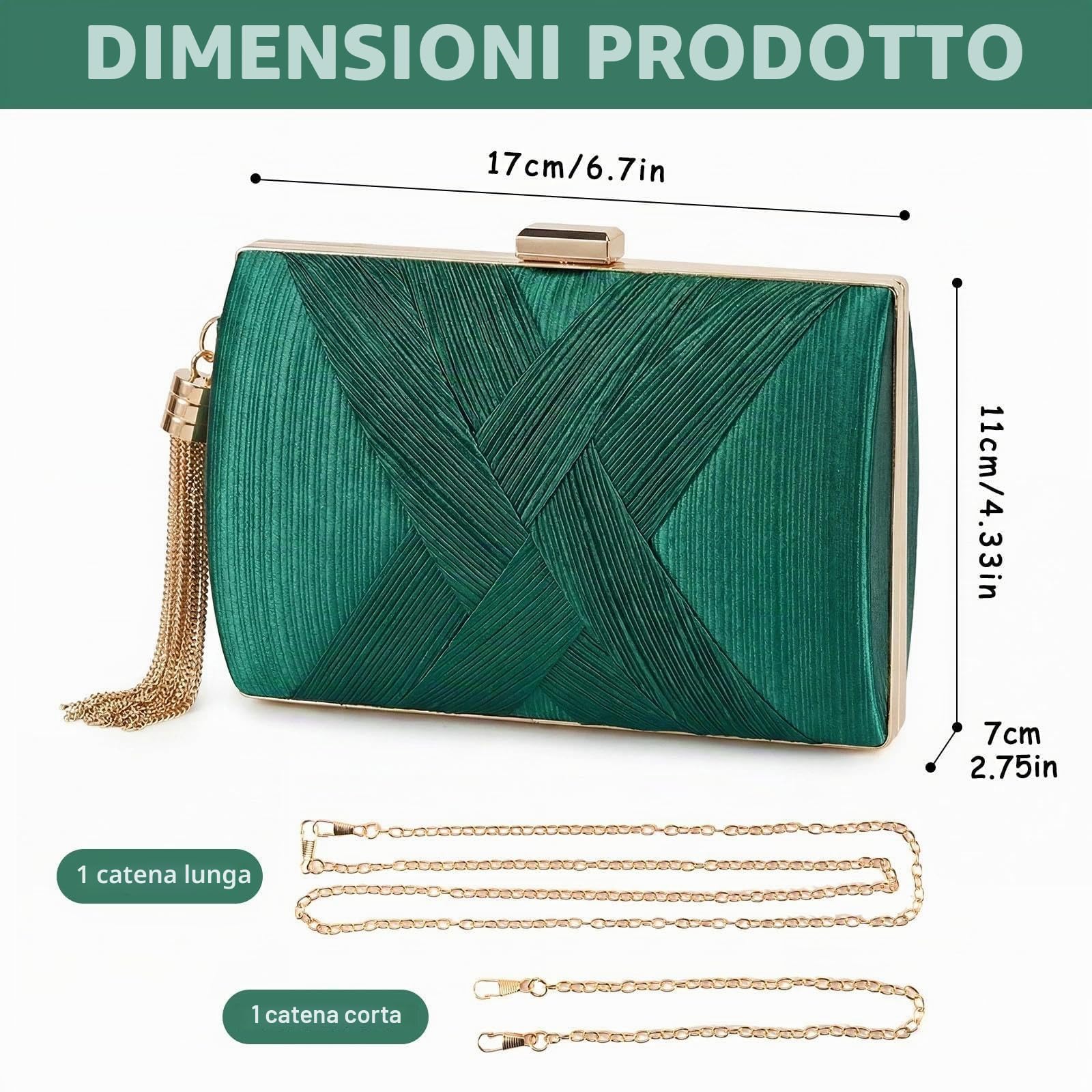Pochette Oro da Sera Clutch Donna Pochette Dorata Cerimonia con 2 Catena, Elegante Borsa da Sera con Nappa da sposa Borsa Tracolla Piccola Borsetta per Feste di Matrimonio (Verde)