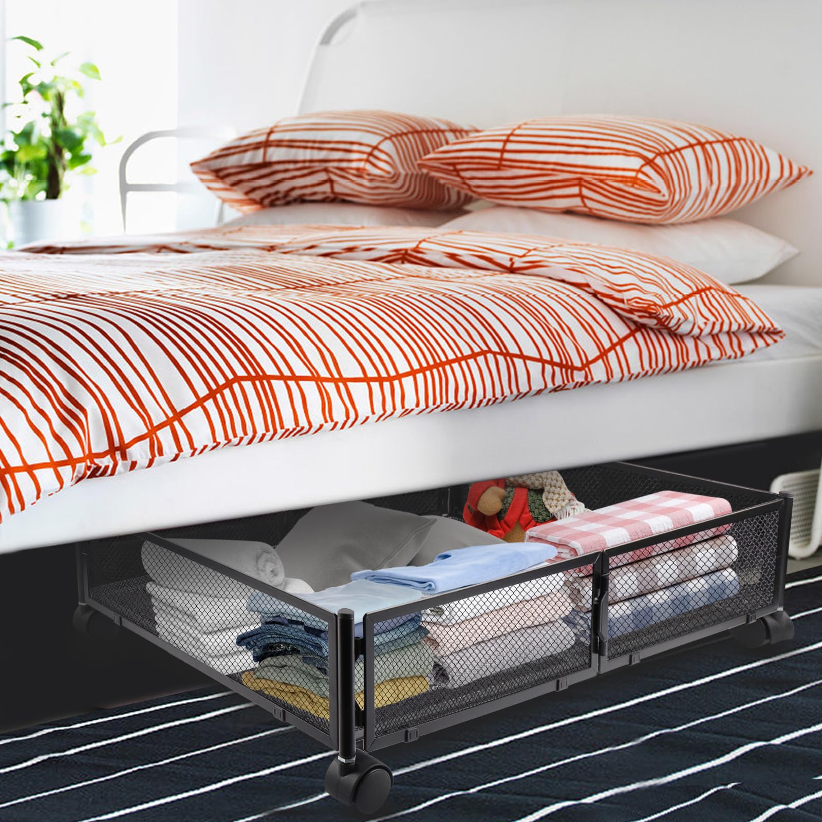 2 P portaoggetti sotto letto con rotelle, scatola portaoggetti sotto letto, cassettiera sotto letto pieghevole in metallo, scatole portaoggetti sotto letto per sotto divano, sotto tavolo (60 x 40 x 17