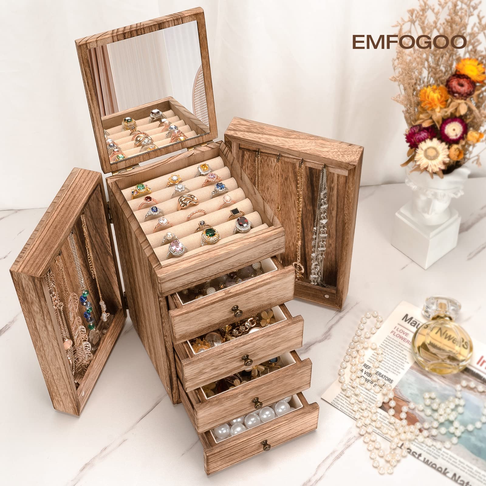 Joyeros Mujer Organizador, Grande Organizador Joyas Madera con Espejo, Joyero Gran Capacidad con Cajón de 4 Capas, Joyero Mujer para Collares, Pendientes, Anillos, Pulseras (Marrón Rústico)