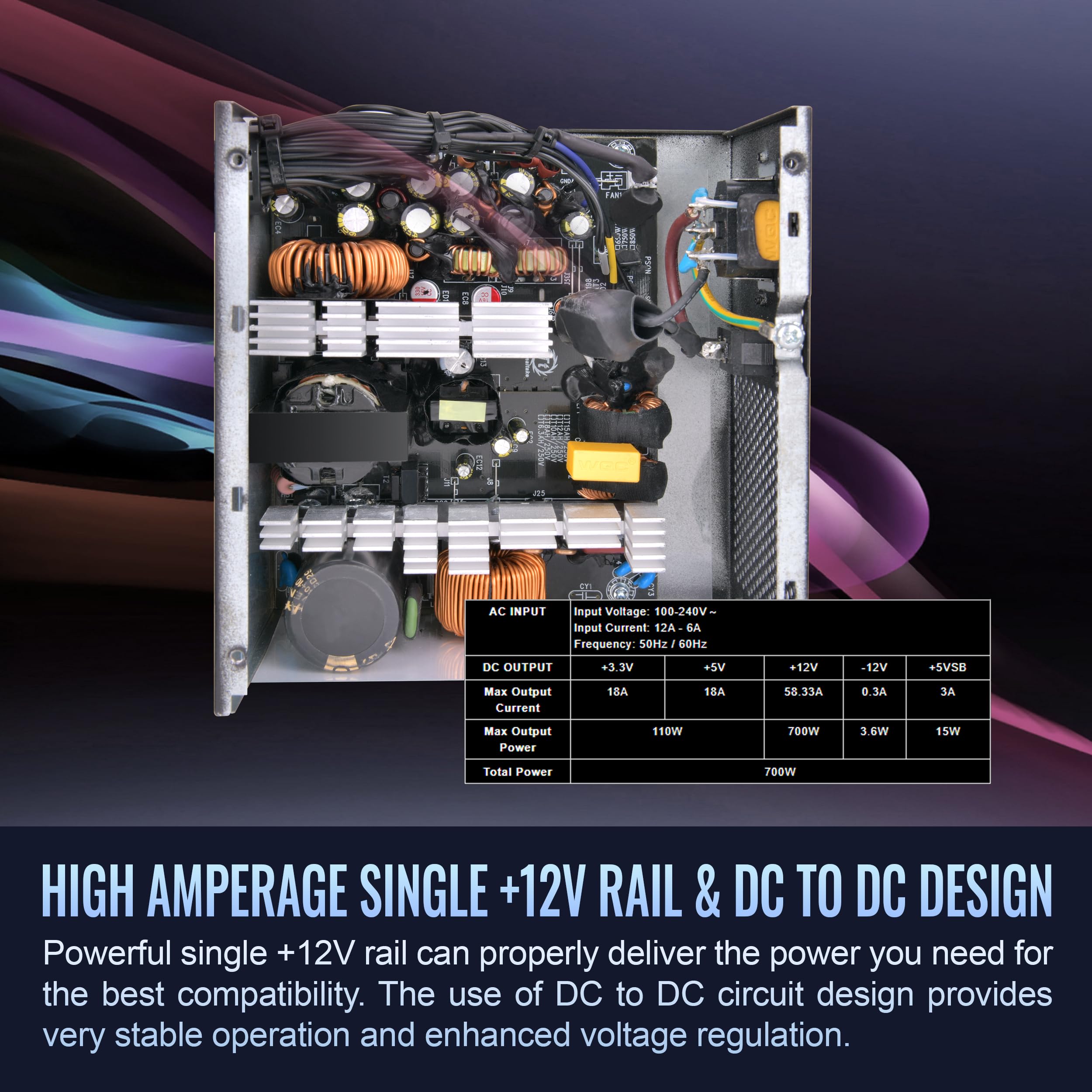 Fuente de alimentación Smart W3 Series 80Plus certificada de 700 W; especificaciones ATX v3.1; ventilador FDB de 4.724 in; 5 años de garantía; PS-SPW-0700NNFAWU-1 5