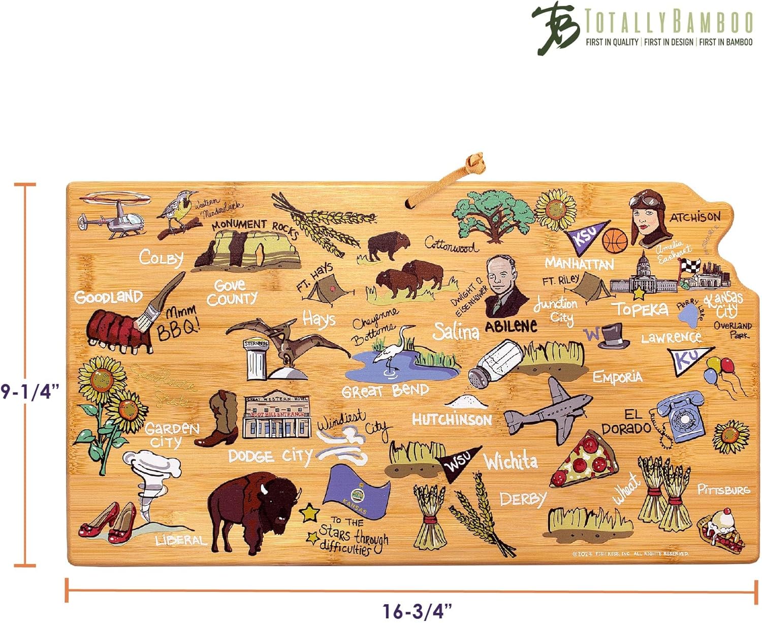 Totally Bamboo Kansas State Shaped Cutting Board and Charcuterie Serving Platter with Artwork by Fish Kiss, Includes Hang Tie for Wall Display - Image 6