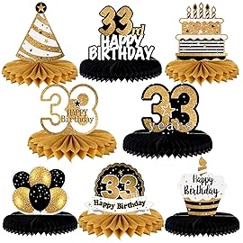 LINGTEER Happy 33rd Birthday Table Honeycomb Centerpieces Cheers to 33rd Birthday 33 Years Old Party Table Decorations Gift Sign.