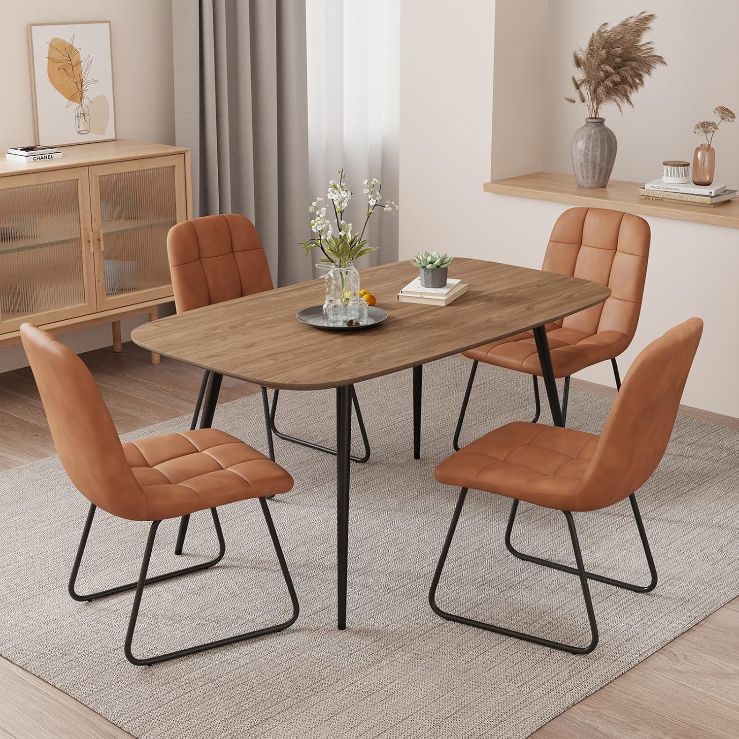 47.2'' Modern Farmhouse Dining Table, Wooden Rectangular Dining Table with Metal Legs for 4-6 People for Dining Room, Kitchen, Living Room (Walnut Color Table, 47.2")