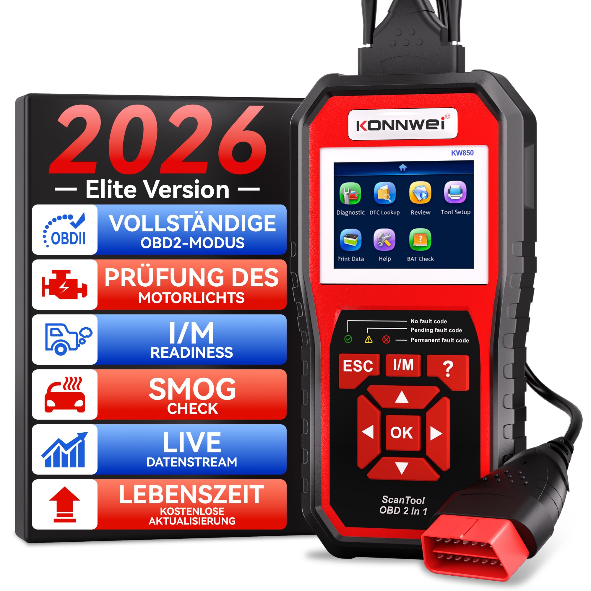 KONNWEI KW850 OBD2 Diagnosegerät mit Batterietest Diagnosegerät Auto | Auslesegerät Auto mit 2.8" Display, One Touch I/M Bereitschaftstaste, Kompatibel mit OBDII Fahrzeugen ab 2002,9 Sprachen
