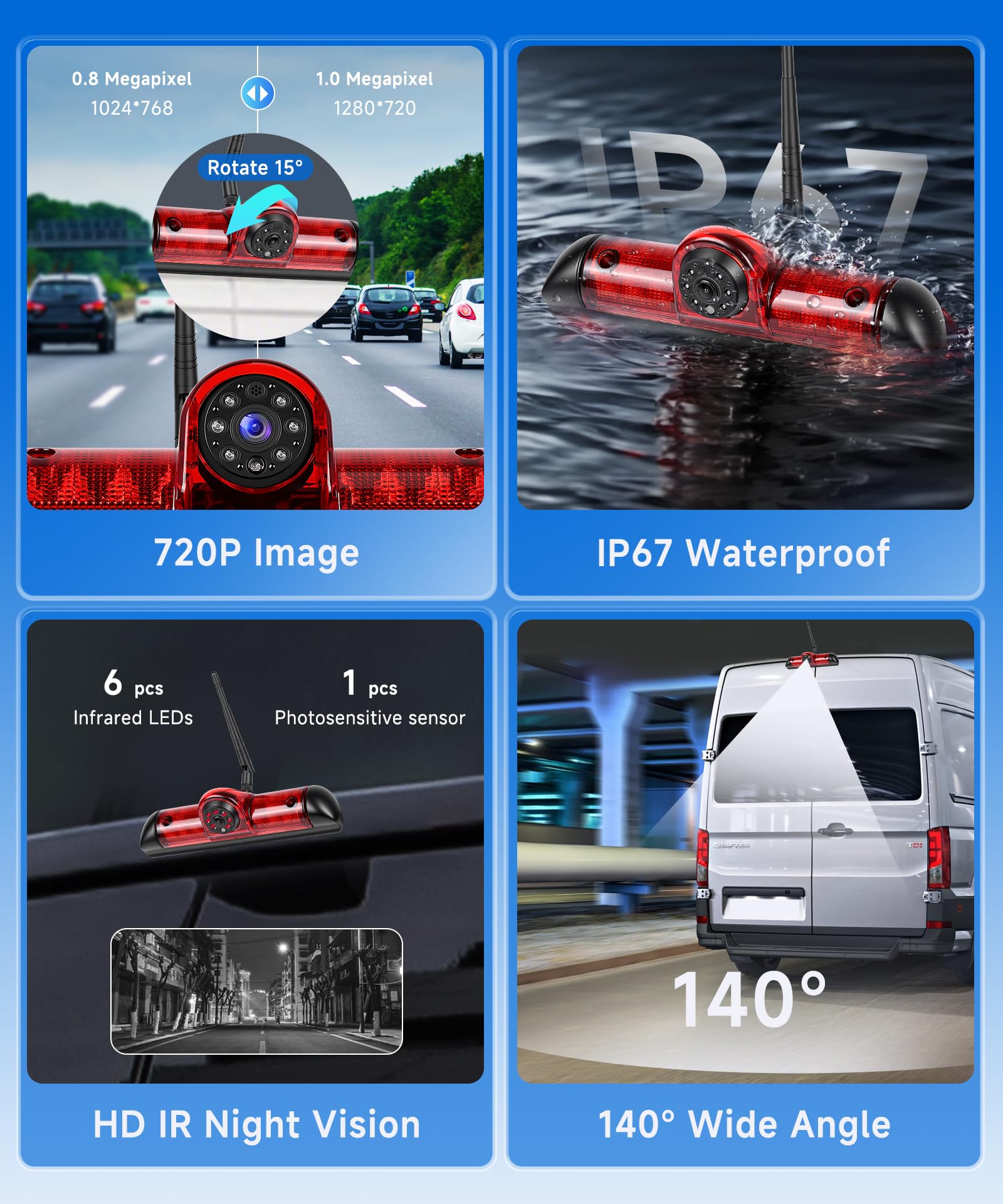 720P Cámara de Visión Trasera Inalámbricas para FIAT Ducato 3/Peugeot Boxer/Citroen Jumper con Monitor IPS de 9'', Cámara para Tercera Luz de Freno, Visión Nocturna, Resistente al Agua IP67,BSD,DVR