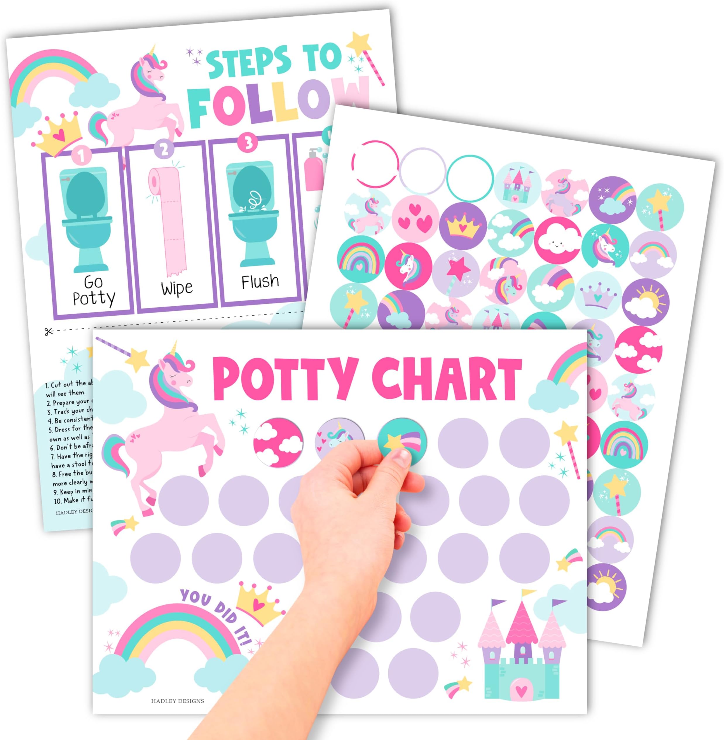 Hadley Designs Potty Training Chart for Toddlers Girls -10 Sticker Potty Chart for Toddlers Girls, 8.5x11" Potty Training Sticker Charts for Toilet Success, Unicorn Toddler Reward Chart for Kids