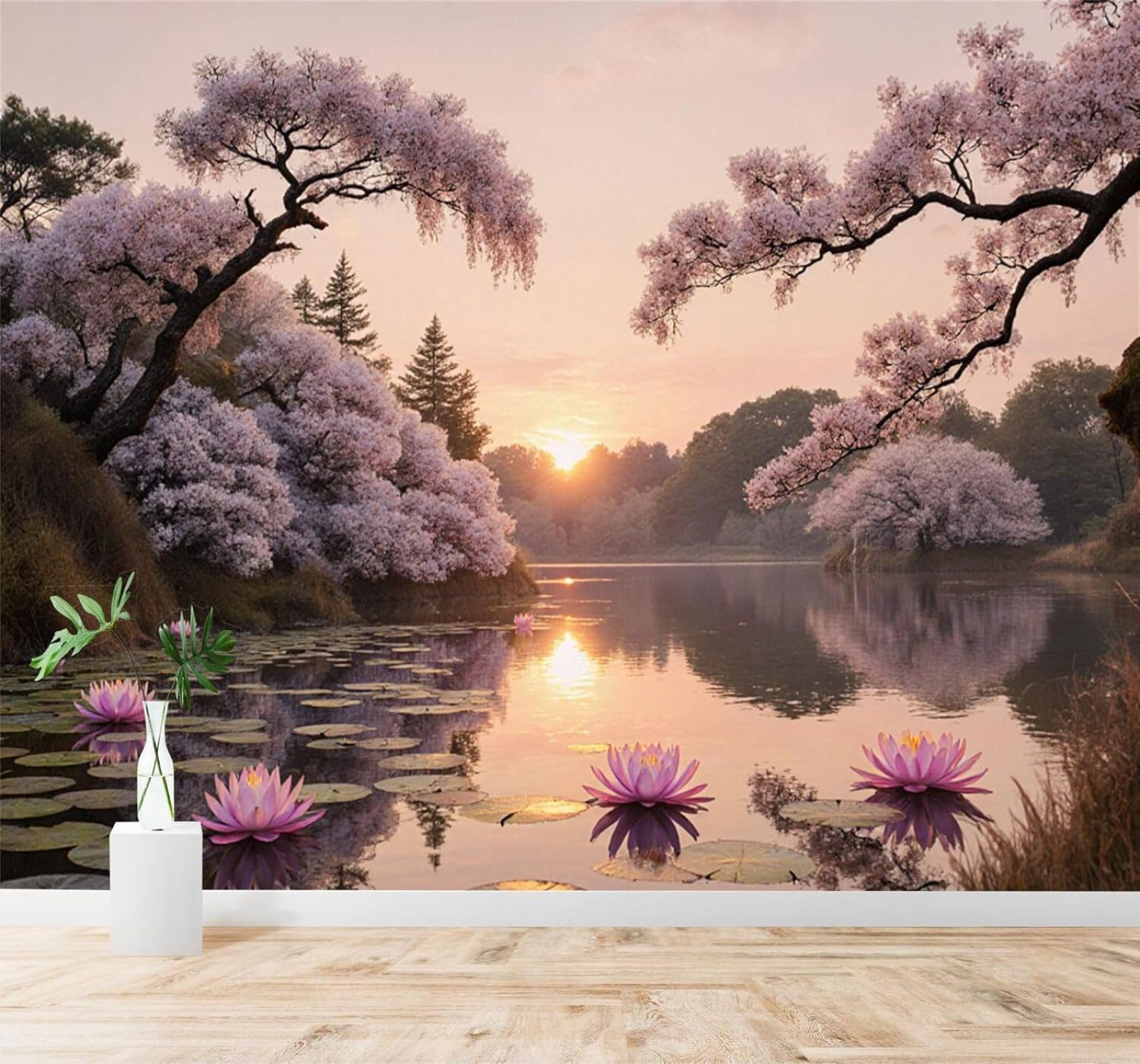 XLMING Beautiful Cherry Blossom Trees Lakes Water Lilies Sunset Scenery 3D Wallpaper Silky Texture Home Study Office Grey Dining Room Sofa Bedroom Living Room TV Backdrop-400cm×280cm