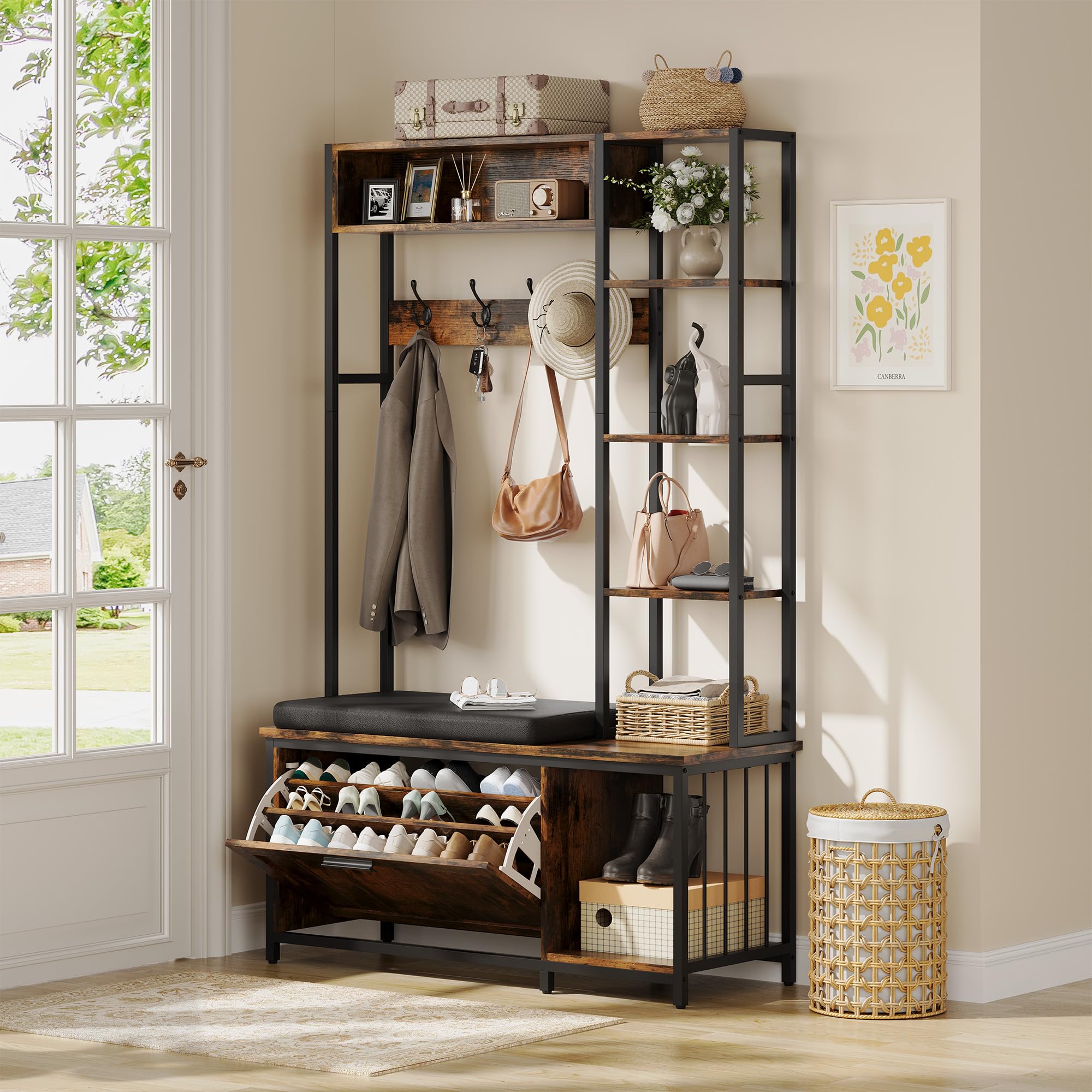 hall tree coat rack, hall tree with bench and shoe storage shoe with, mud room storage furniture?39.37 x 15.74 x 69.69 inches, brown