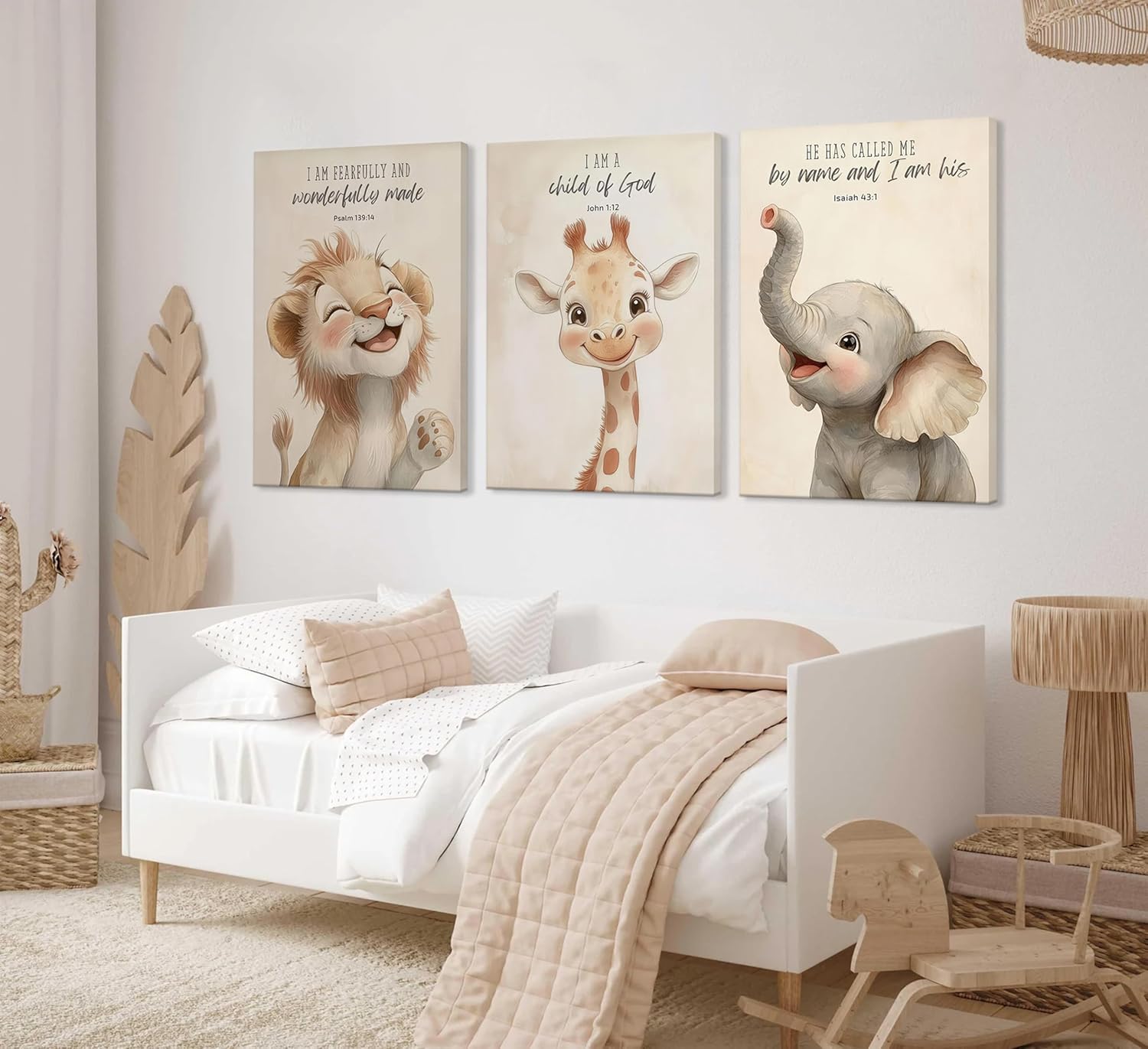3Pcs Bible Verses Christian Nursery Safari Animals Canvas Wall Art Child of God Cute Animals Picture Wall Decor Lion Giraffe Elephant Poster Print Artwork for Kids Boys Girls Room Home Decoration