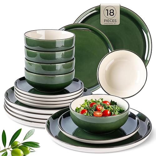 GBHOME Ceramic Dinnerware Sets, 18 Pieces Stoneware Dinnerware Set, Plates and Bowls Sets, Dishwasher & Microwave Safe,Dishes Set | Service for 6 - Green - Service for 6 (18pcs)
