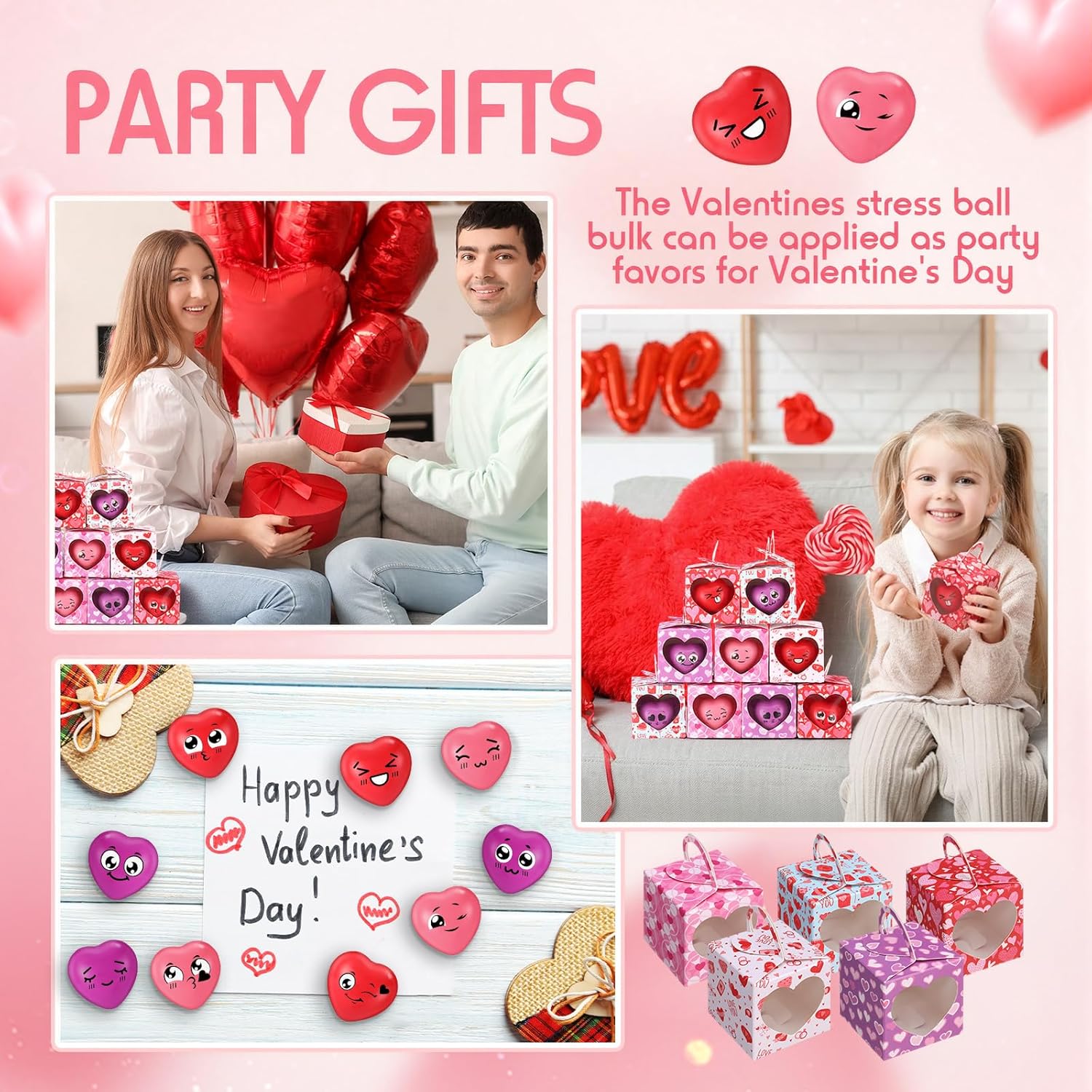 Jerify 100 Pack Valentine's Day Heart Stress Ball Gifts with Box Stress Relief Fidget Ball for Valentine Party Favors, Classroom Exchange Supplies, Coworkers, Students