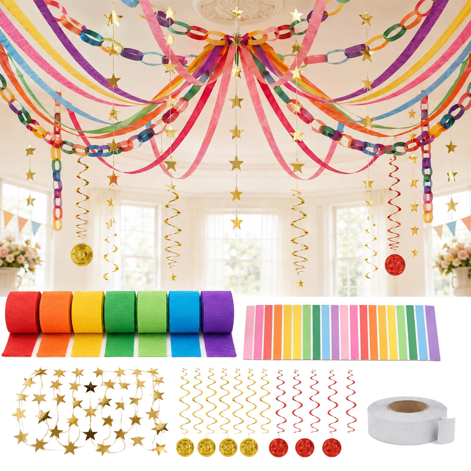 Kit de 600 tiras de cadena de papel con guirnalda de estrellas para fiestas