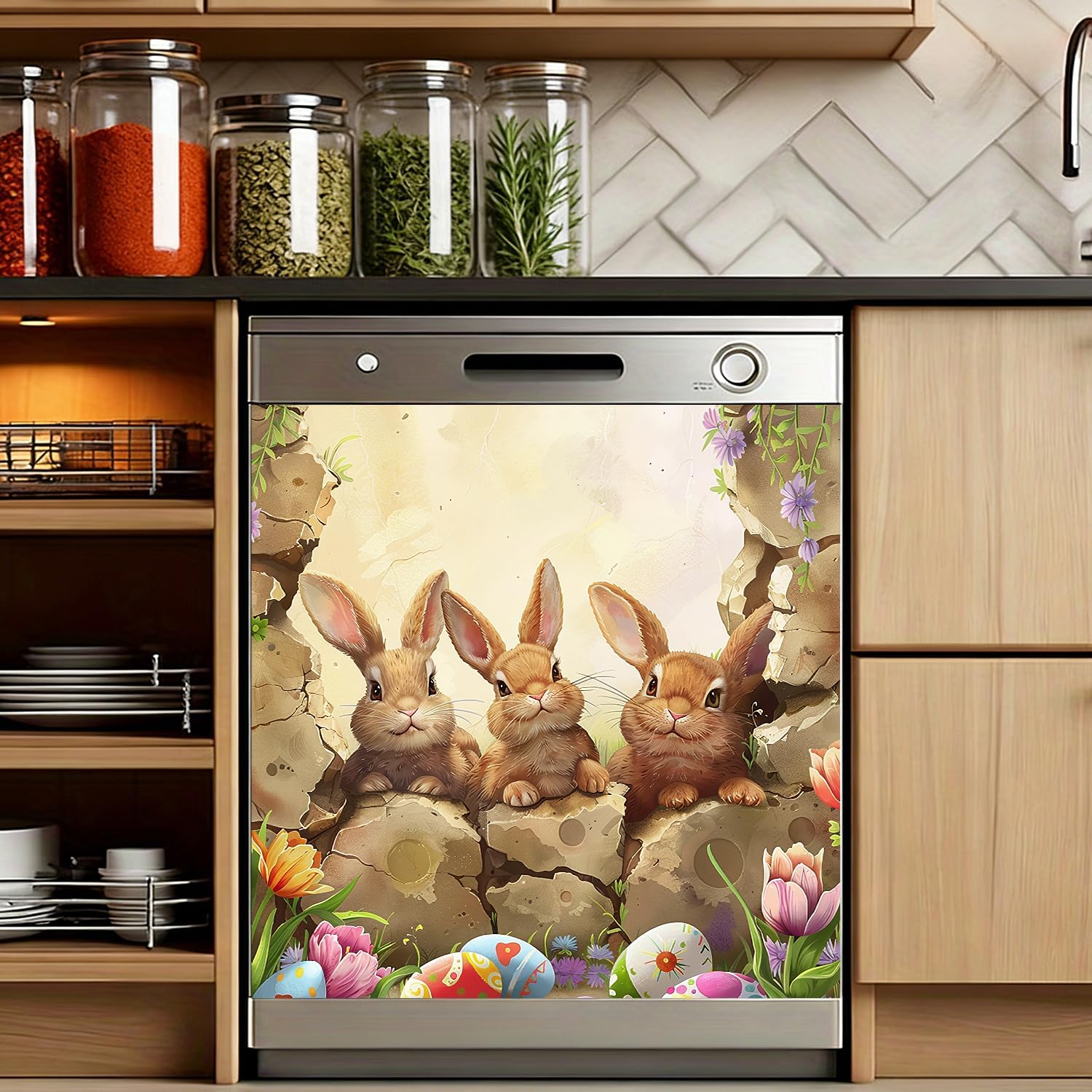 Easter Dishwasher Magnet cover23 x 25.6 Inch - Removable Appliance Panel - for Spring Kitchen Decor (Three Bunnies Stone Wall)