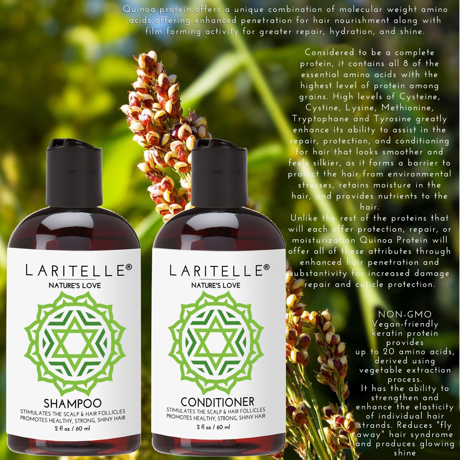 Laritelle Organic Travel Size Shampoo 2 oz + Travel Size Conditioner 2 oz | Organic Quinoa + Keratin + Follicle Stimulating Rosemary, Ginger & Grapefruit | NO GMO. Vegan image 3